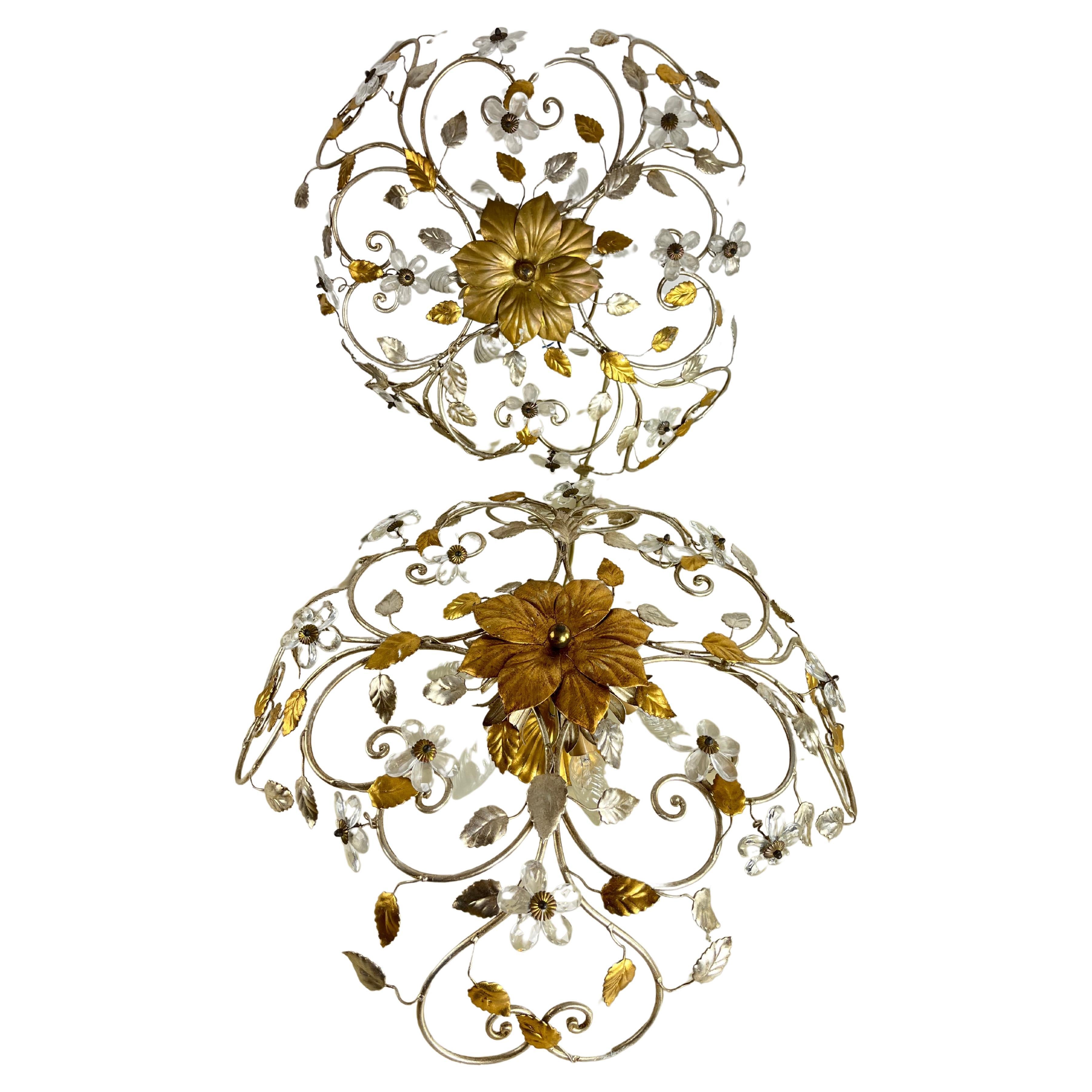Set Of 2 Large Mid-Century Maison Baguès Crystal And Iron Ceiling Lights