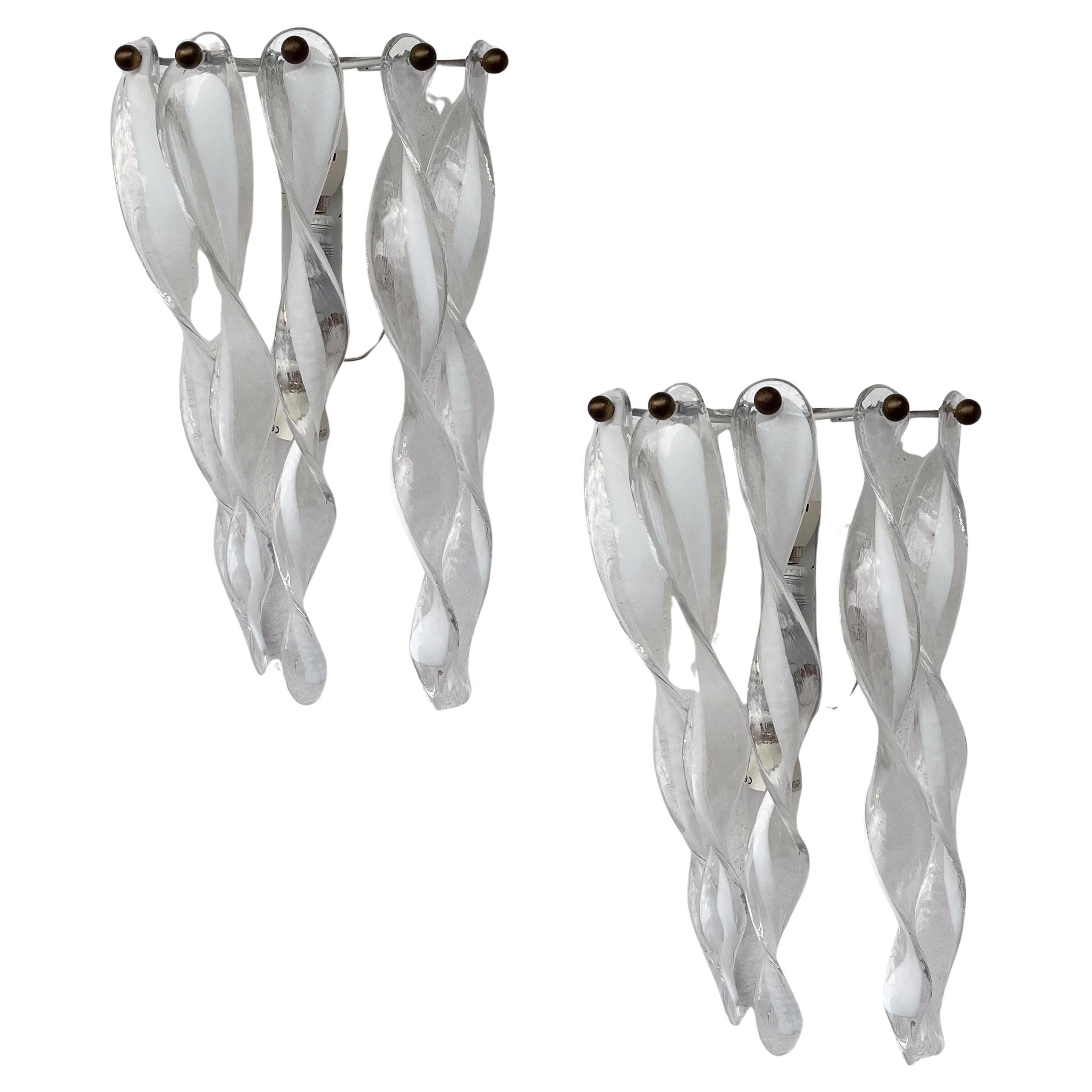 Set de 2 apliques grandes de cristal de Murano "Torchon" de Mazzega en venta