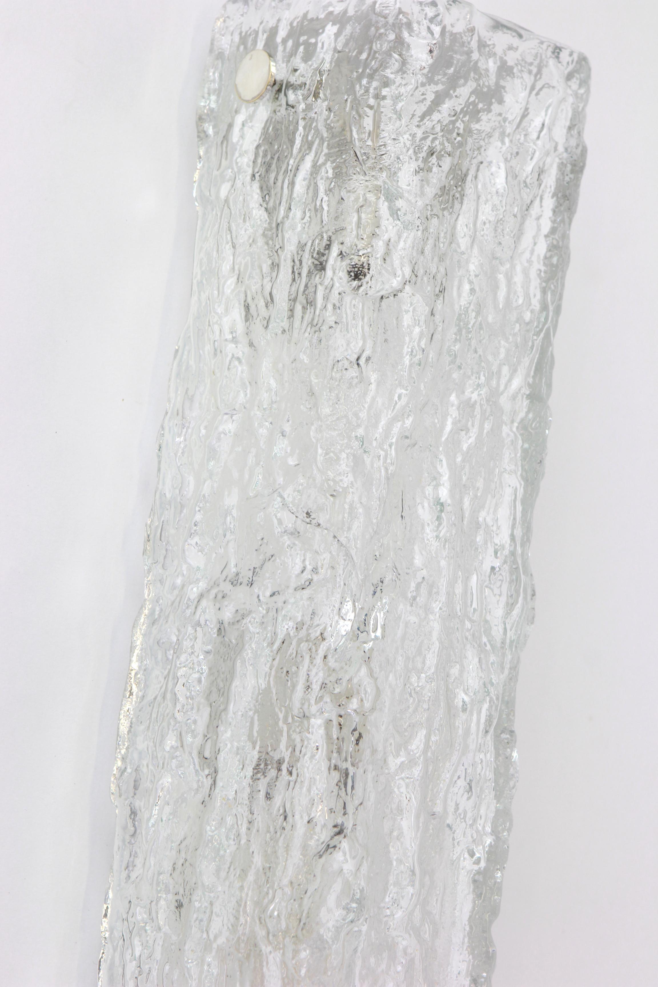 Mid-Century Modern Set of 2 Large Murano Ice Glass Vanity Sconces by Kaiser, Germany, 1970s For Sale