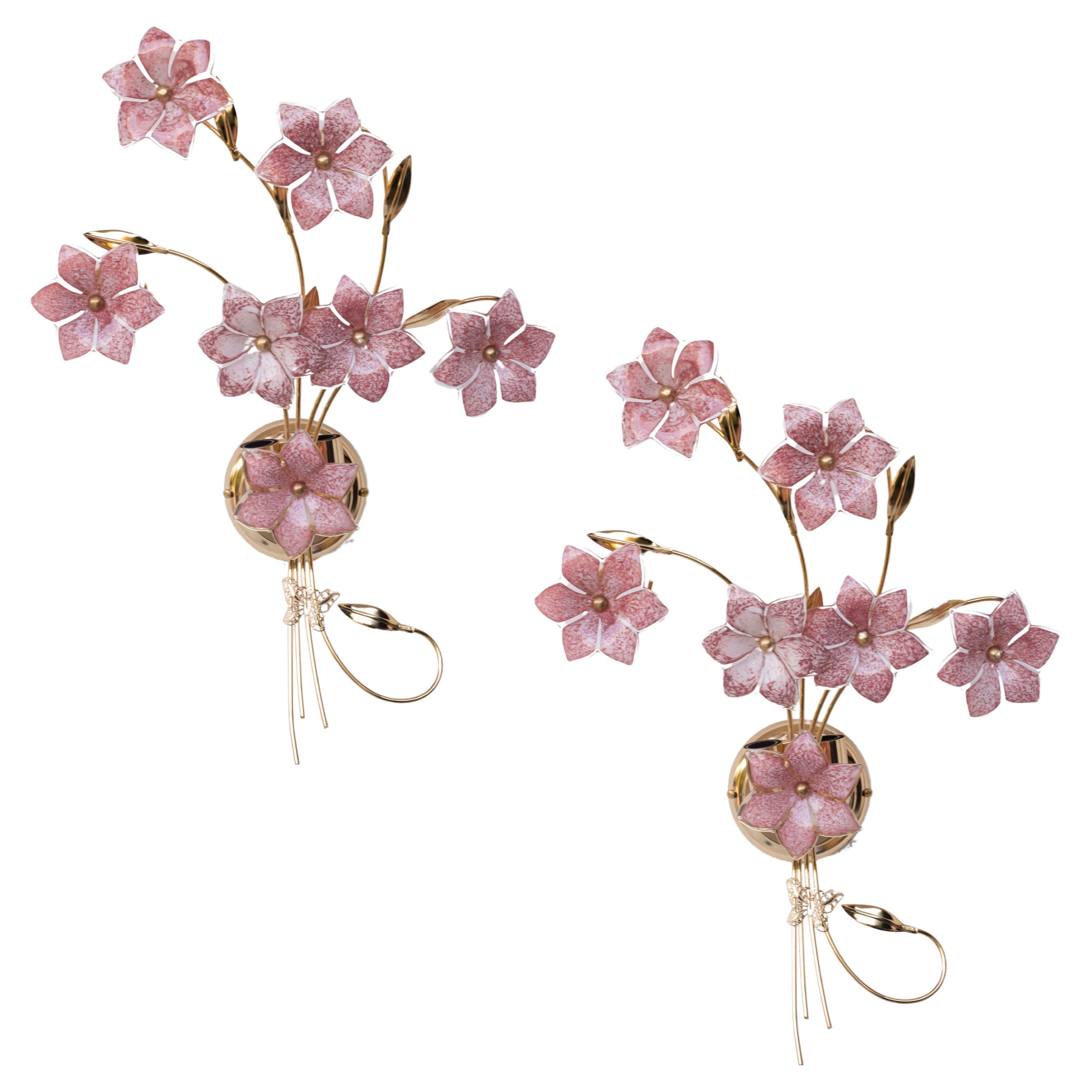 Set di 2 fiori rosa da parete di Murano di grandi dimensioni, anni '70
