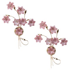 Set of 2 Large Size Murano Wall Light Pink Flowers, 1970s