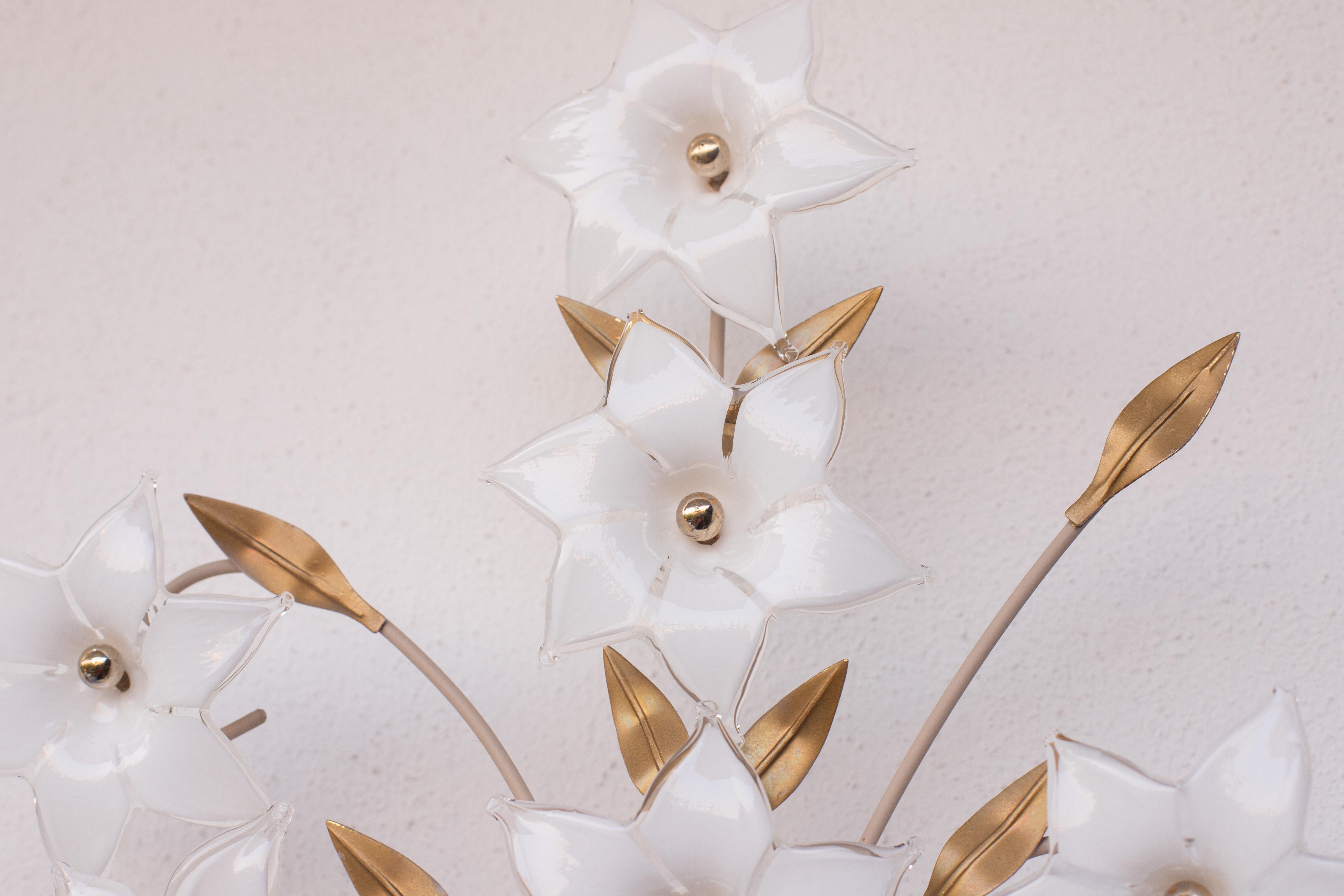 Set of 2 Large Size Murano Wall Light White Flowers, 1970s 5