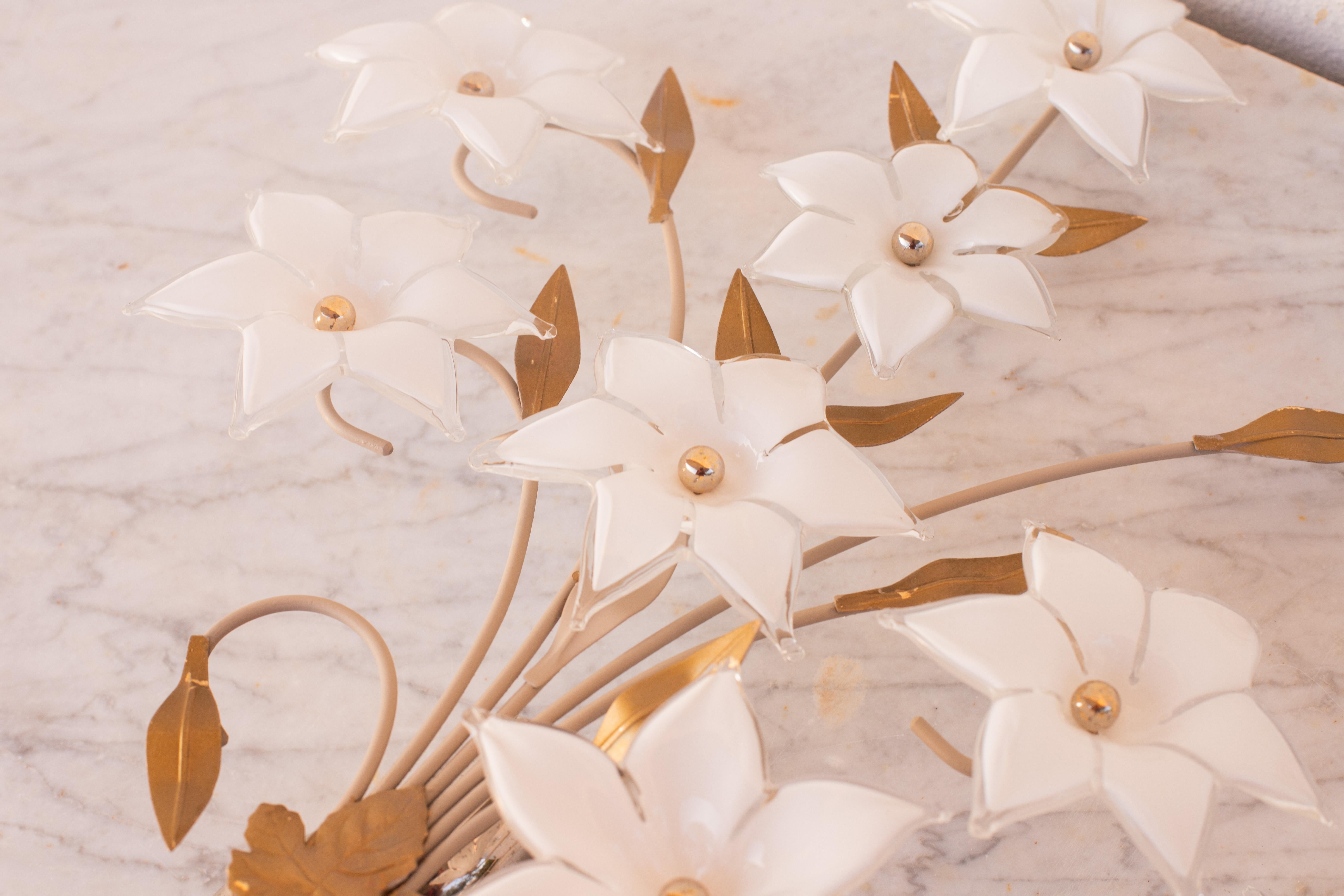 Set of 2 Large Size Murano Wall Light White Flowers, 1970s 10