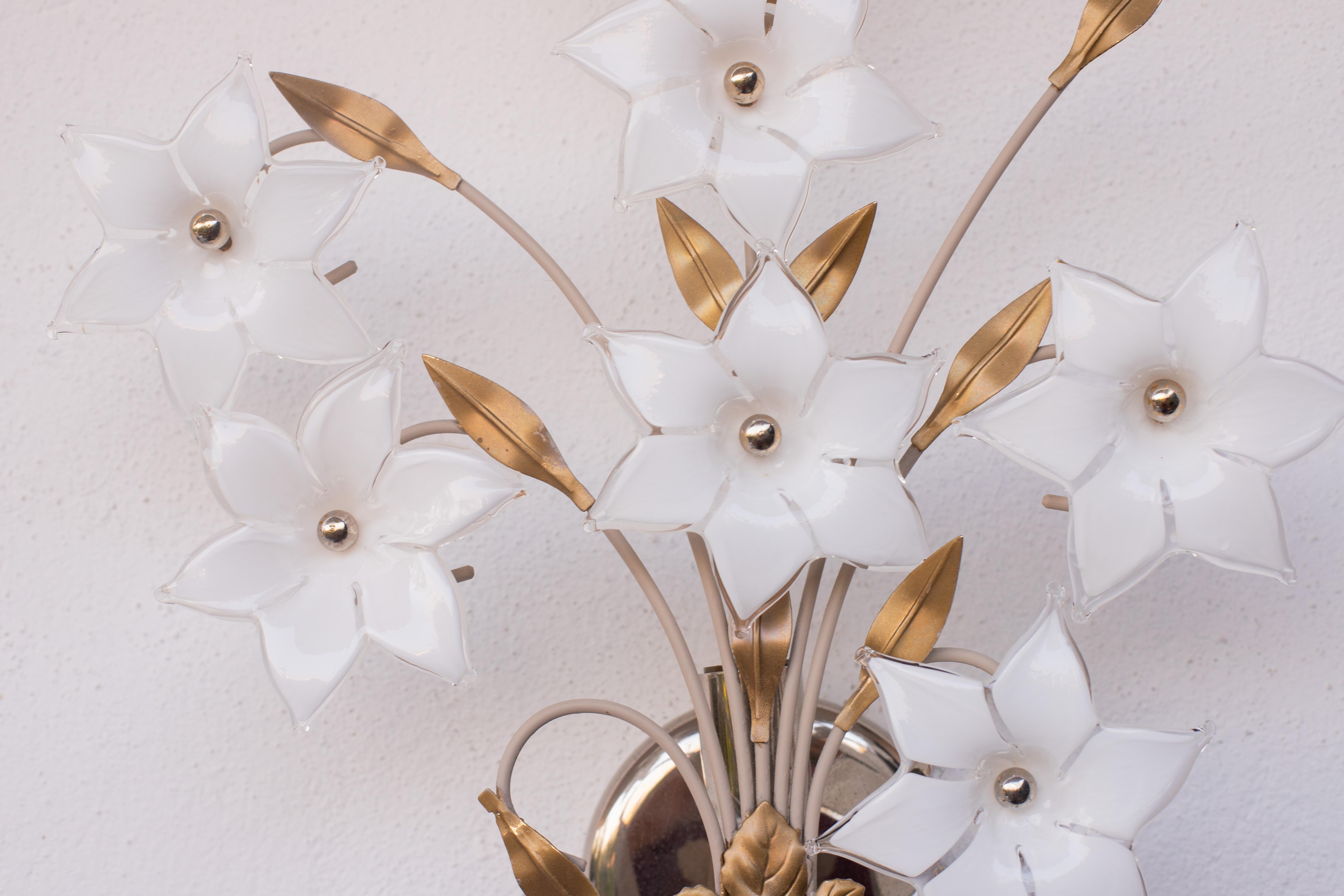 Murano Glass Set of 2 Large Size Murano Wall Light White Flowers, 1970s