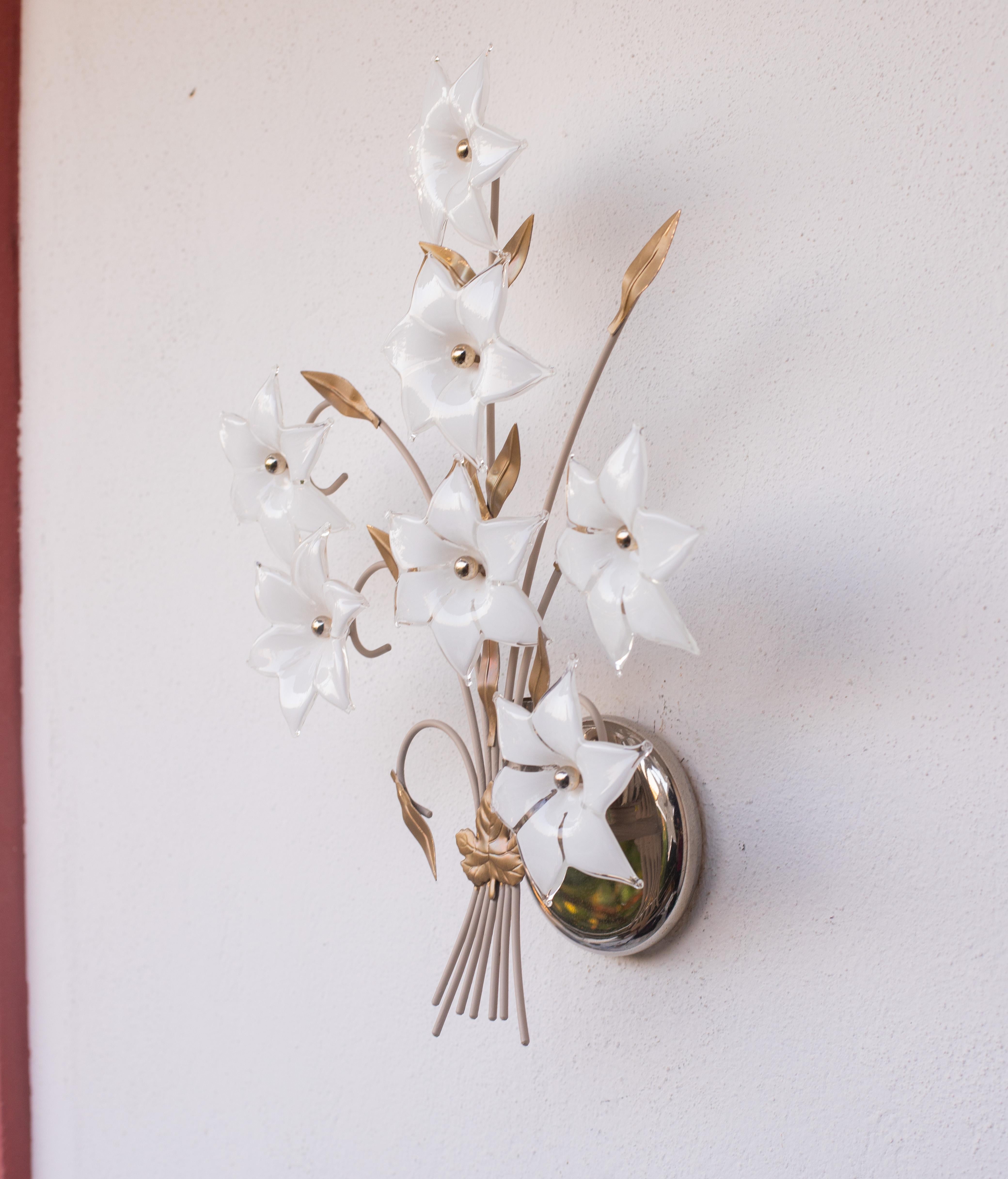 Set of 2 Large Size Murano Wall Light White Flowers, 1970s 3