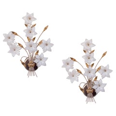 Set of 2 Large Size Murano Wall Light White Flowers, 1970s