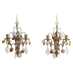 Set of 2 Late 19th Century Wall Candles - Brass with Glass Fruit Drops