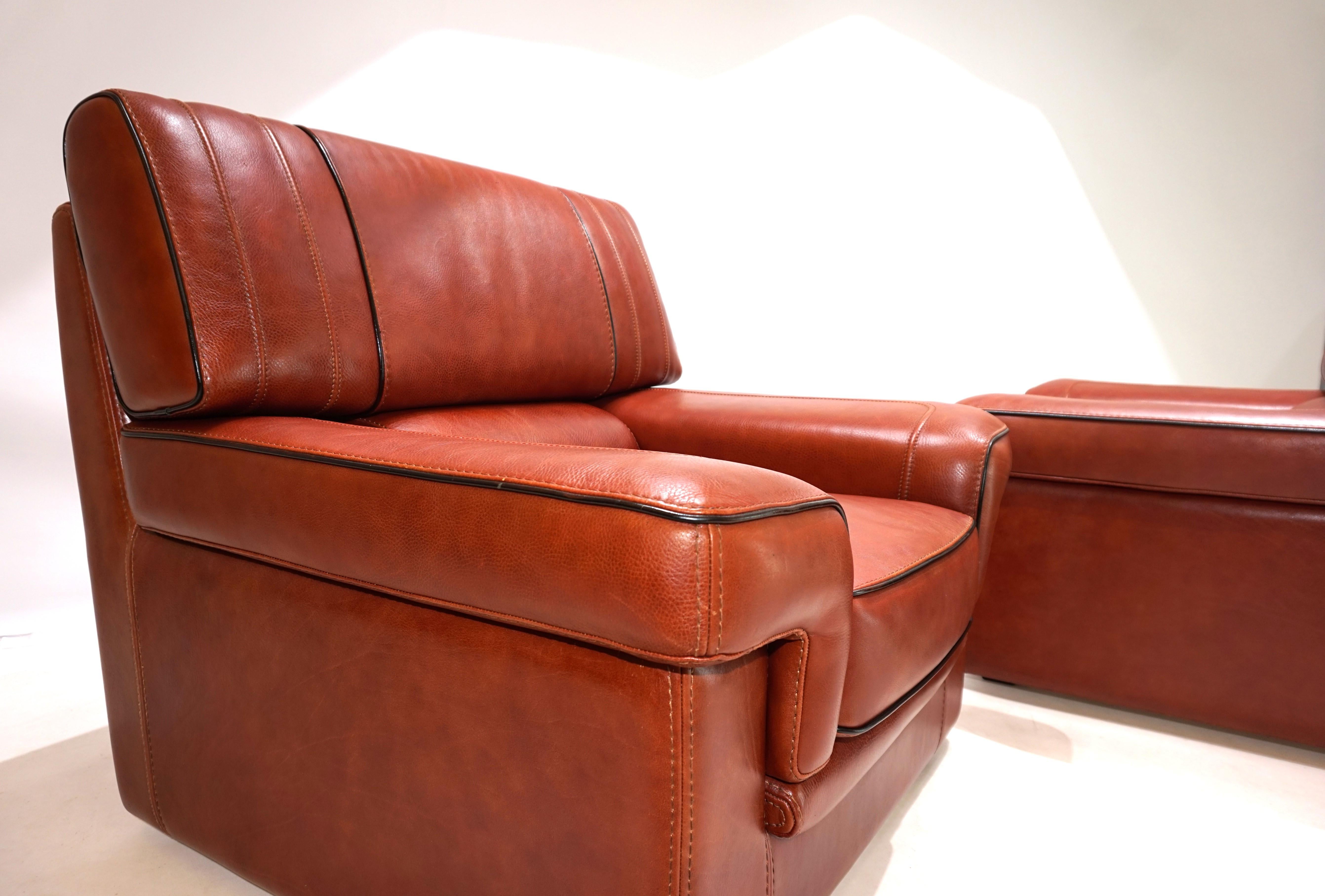 Set of 2 leather armchairs, cognac coloured, 1990 4