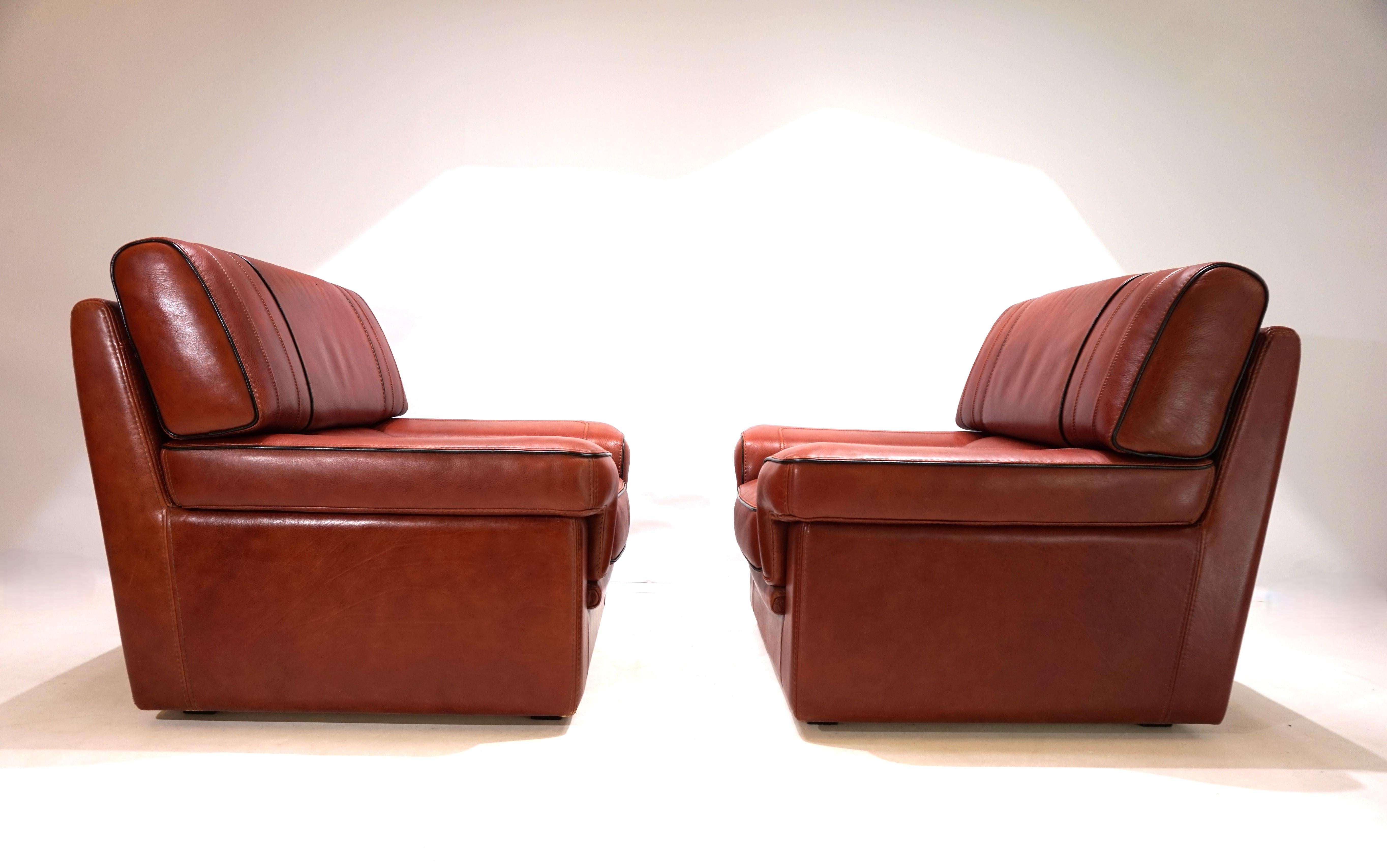 Set of 2 leather armchairs, cognac coloured, 1990 5