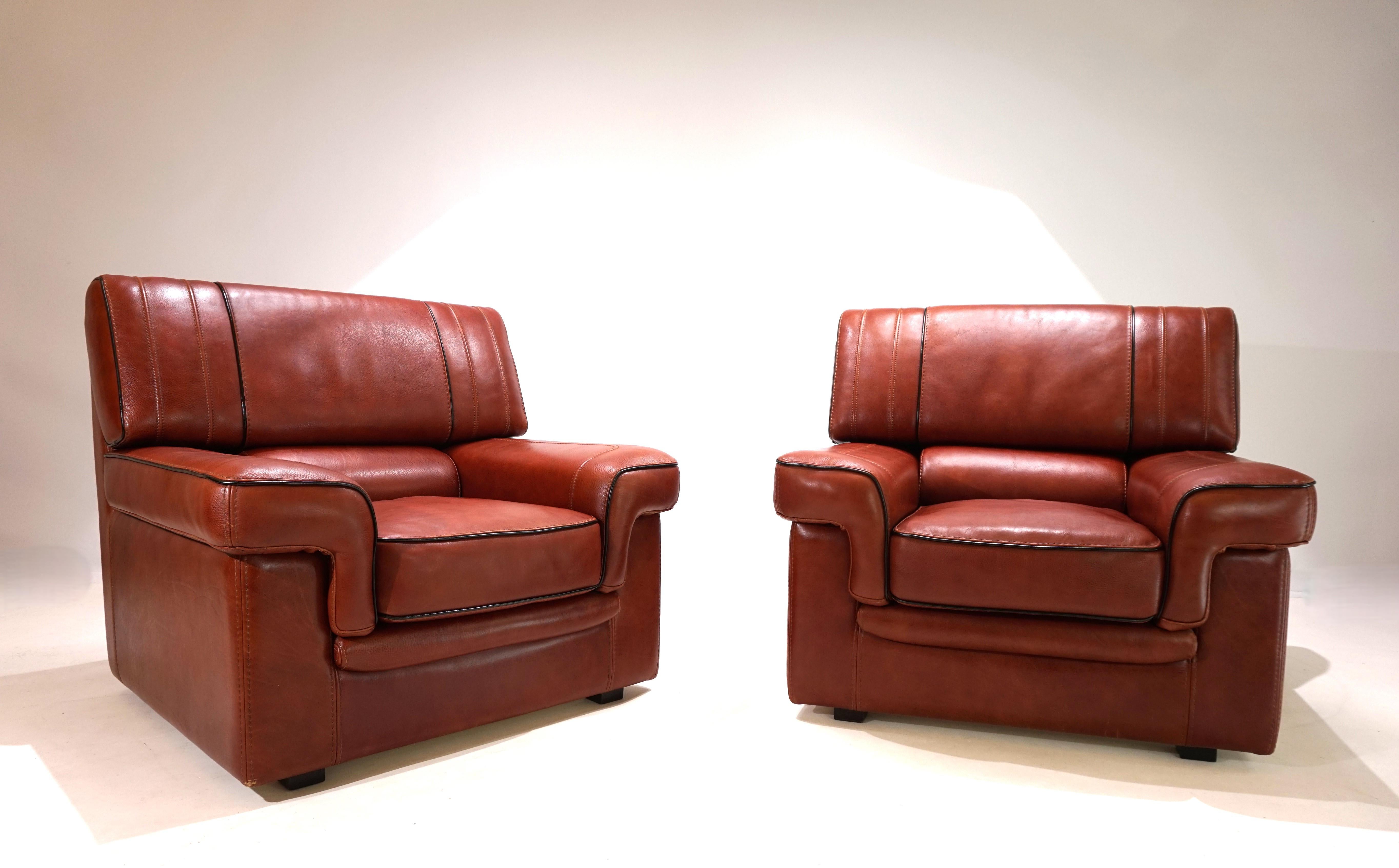 Set of 2 leather armchairs, cognac coloured, 1990 6