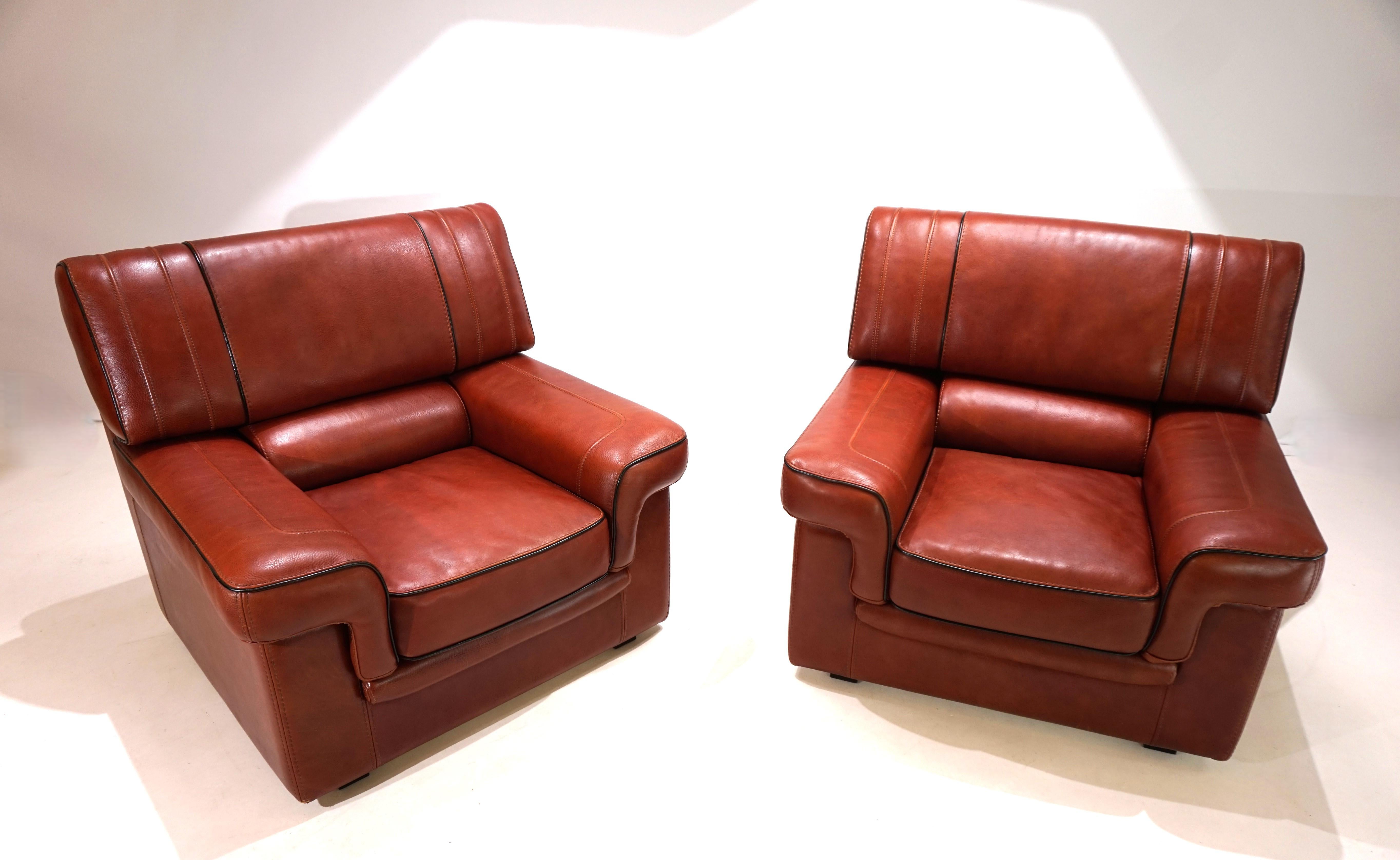 Set of 2 leather armchairs, cognac coloured, 1990 9