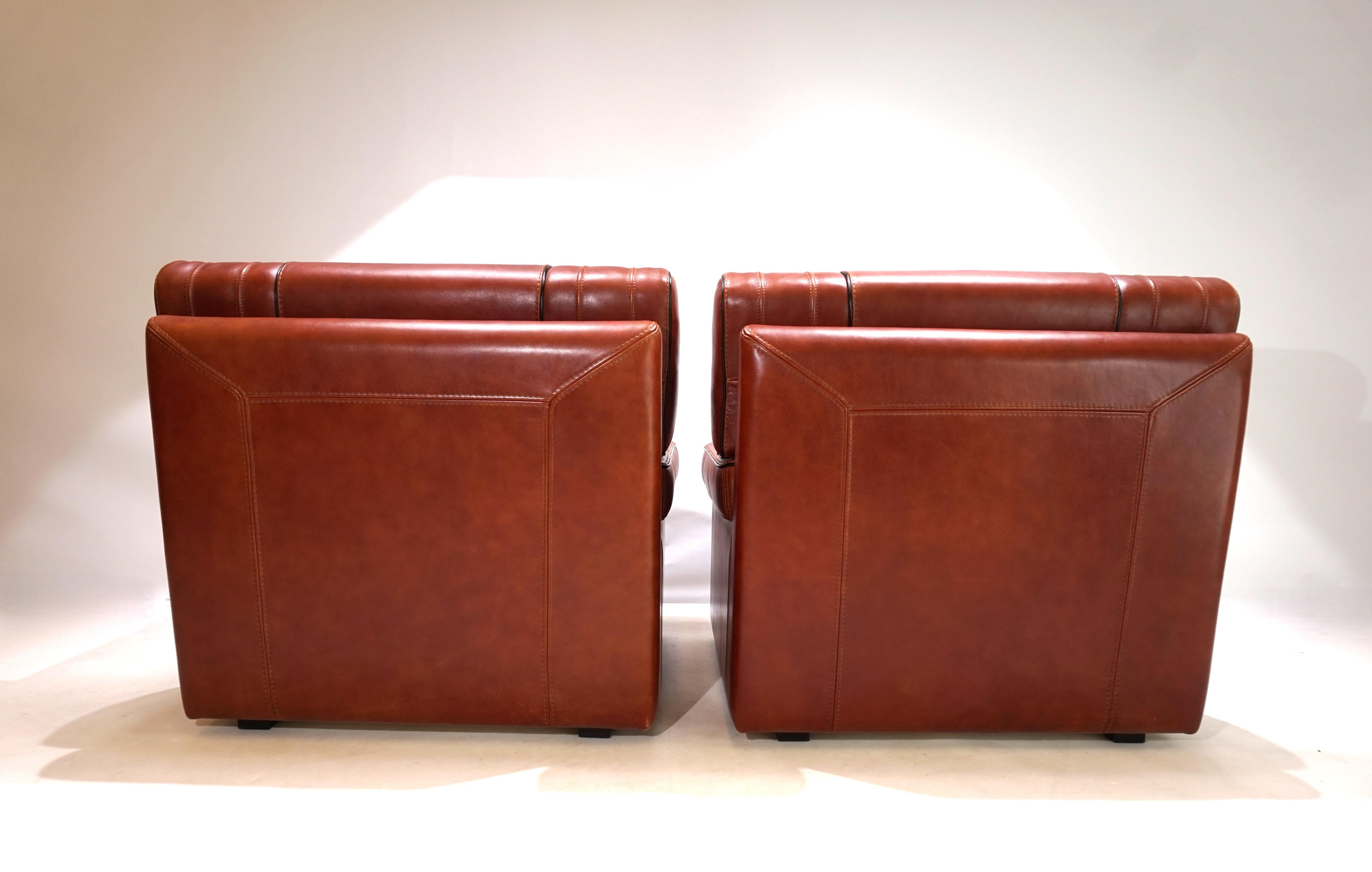 Late 20th Century Set of 2 leather armchairs, cognac coloured, 1990