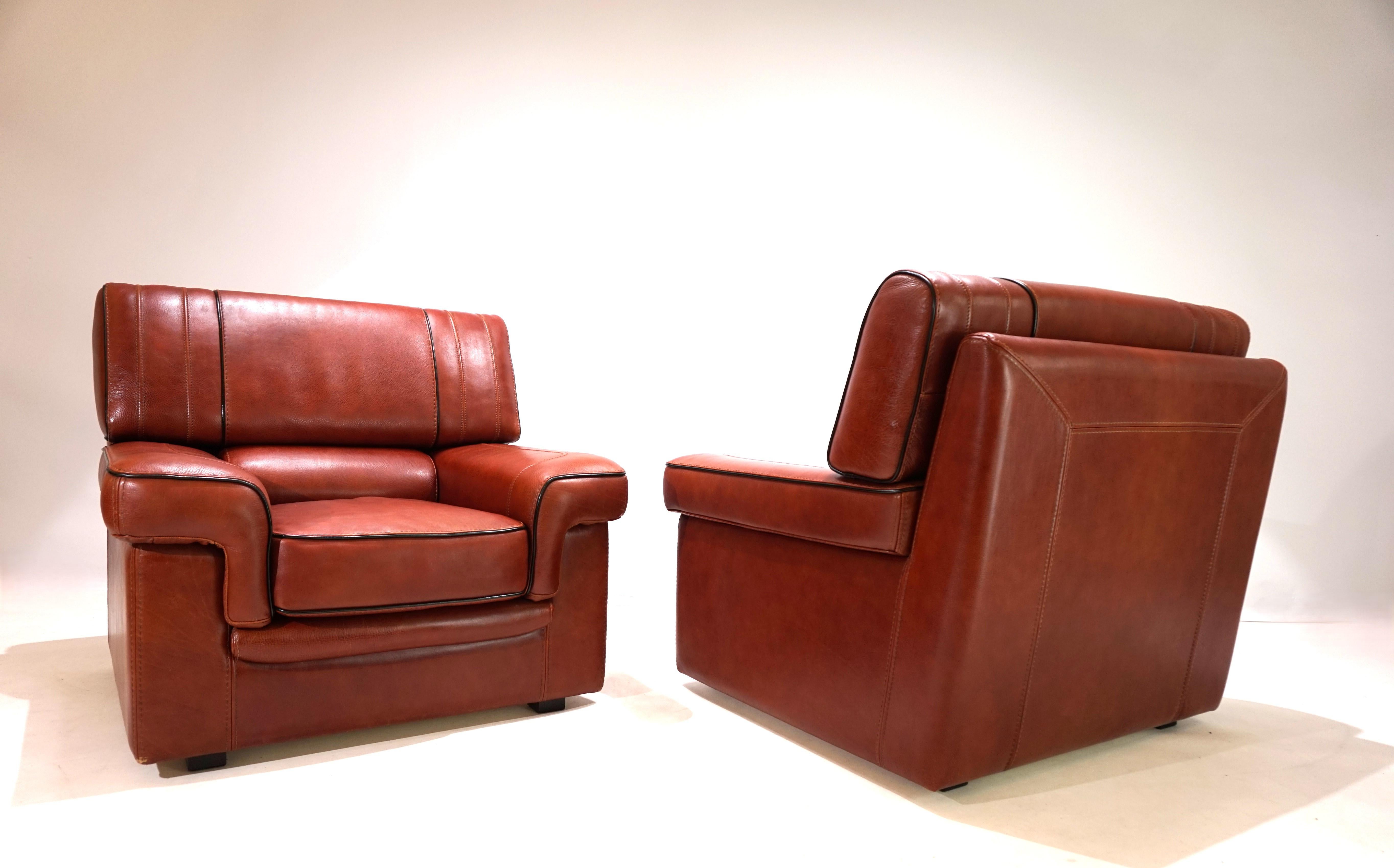 Set of 2 leather armchairs, cognac coloured, 1990 1