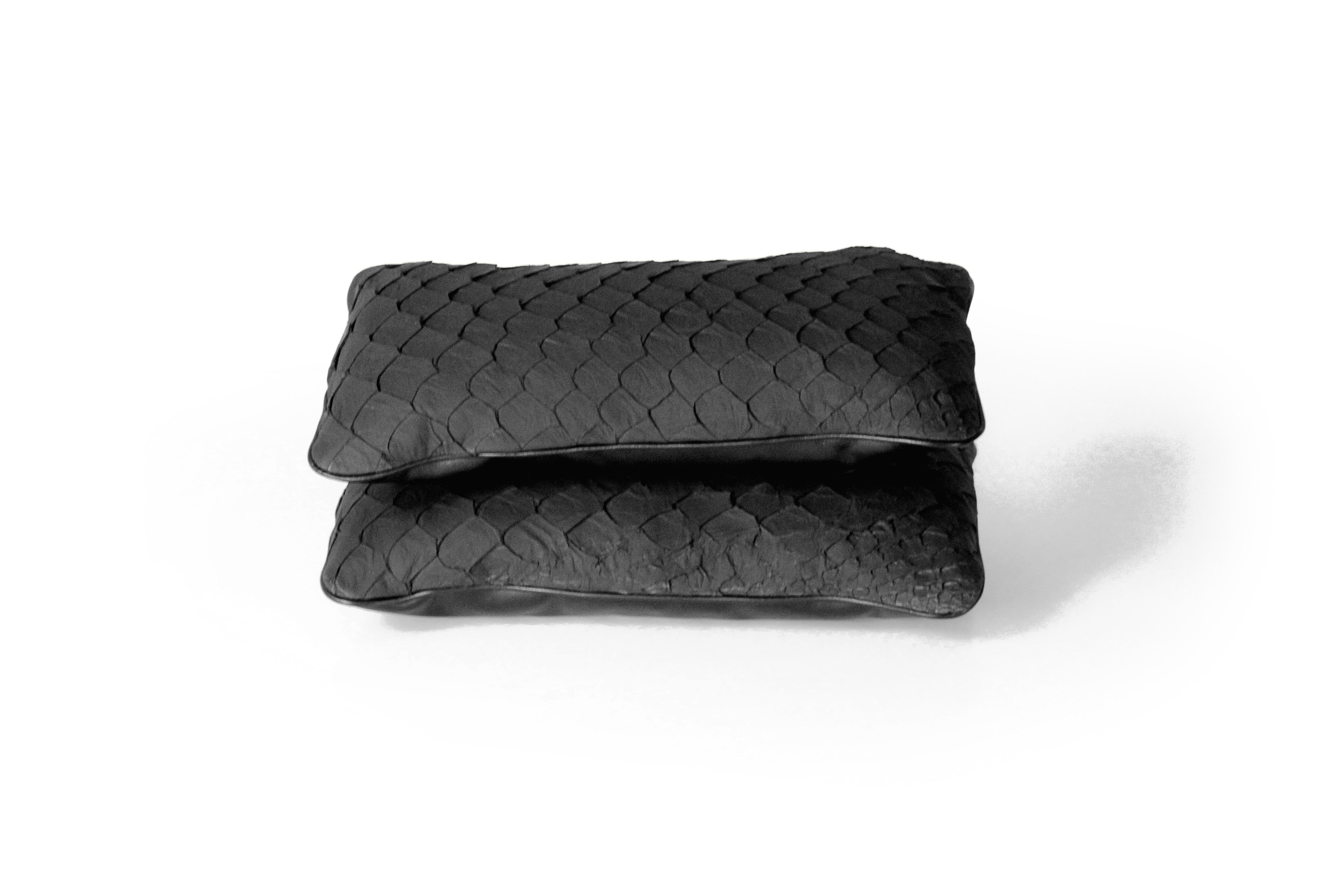 Modern Set of 2 Leather Cushion, Exclusive Fish Leather Black Color For Sale