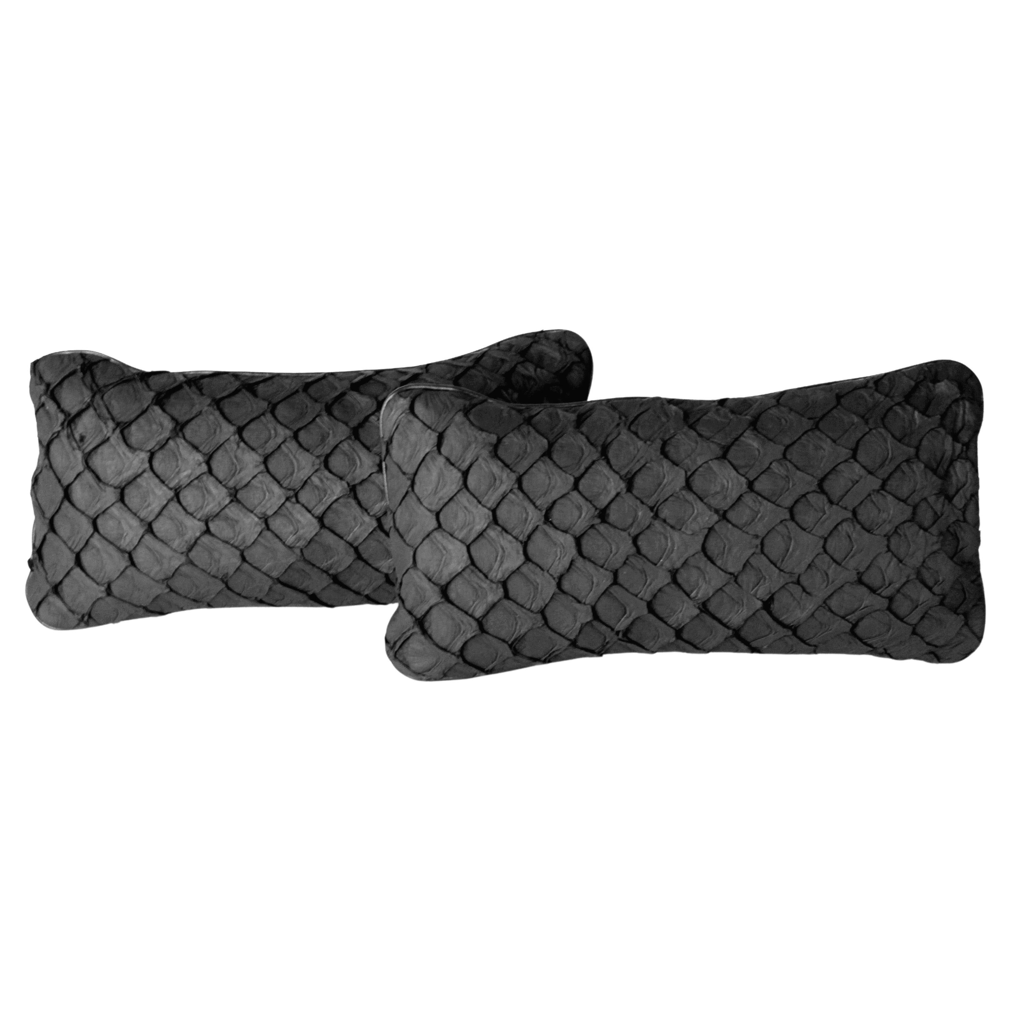 Set of 2 Leather Cushion, Exclusive Fish Leather Black Color