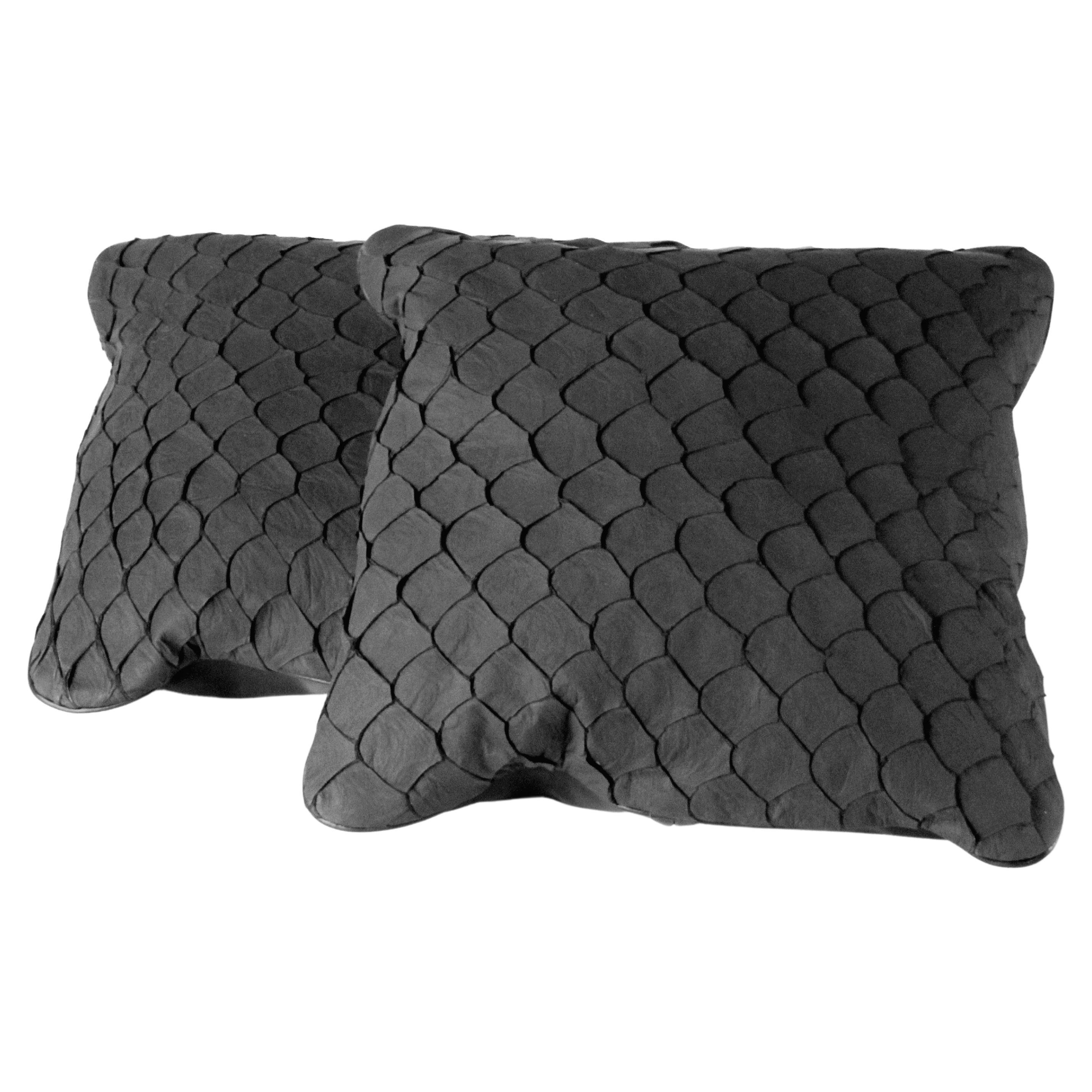 Set of 2 Leather Cushion, Exclusive Fish Leather Black Medium Size For Sale