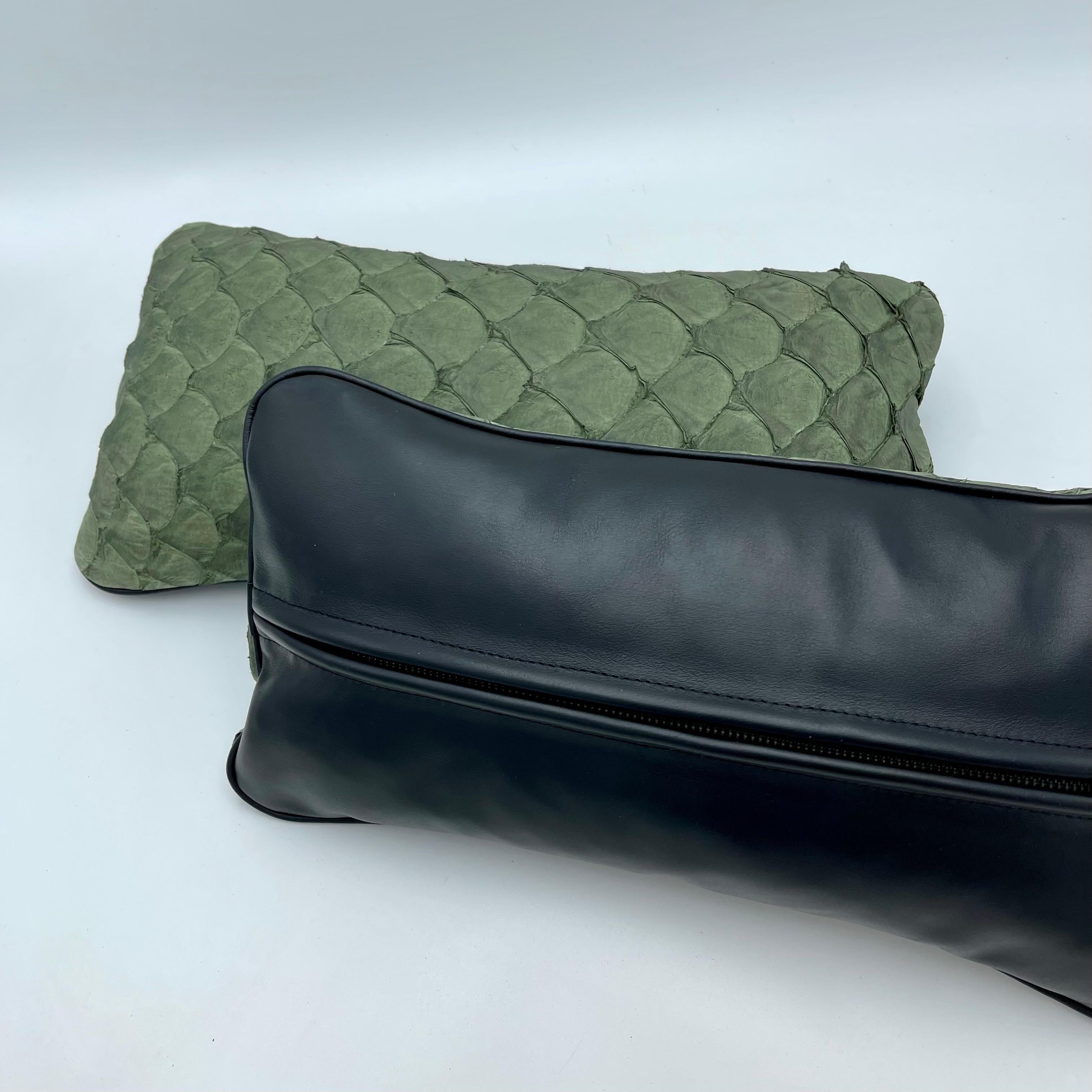 Modern Set of 2 Leather Cushion, Exclusive Fish Leather, Green Color, Small Size For Sale