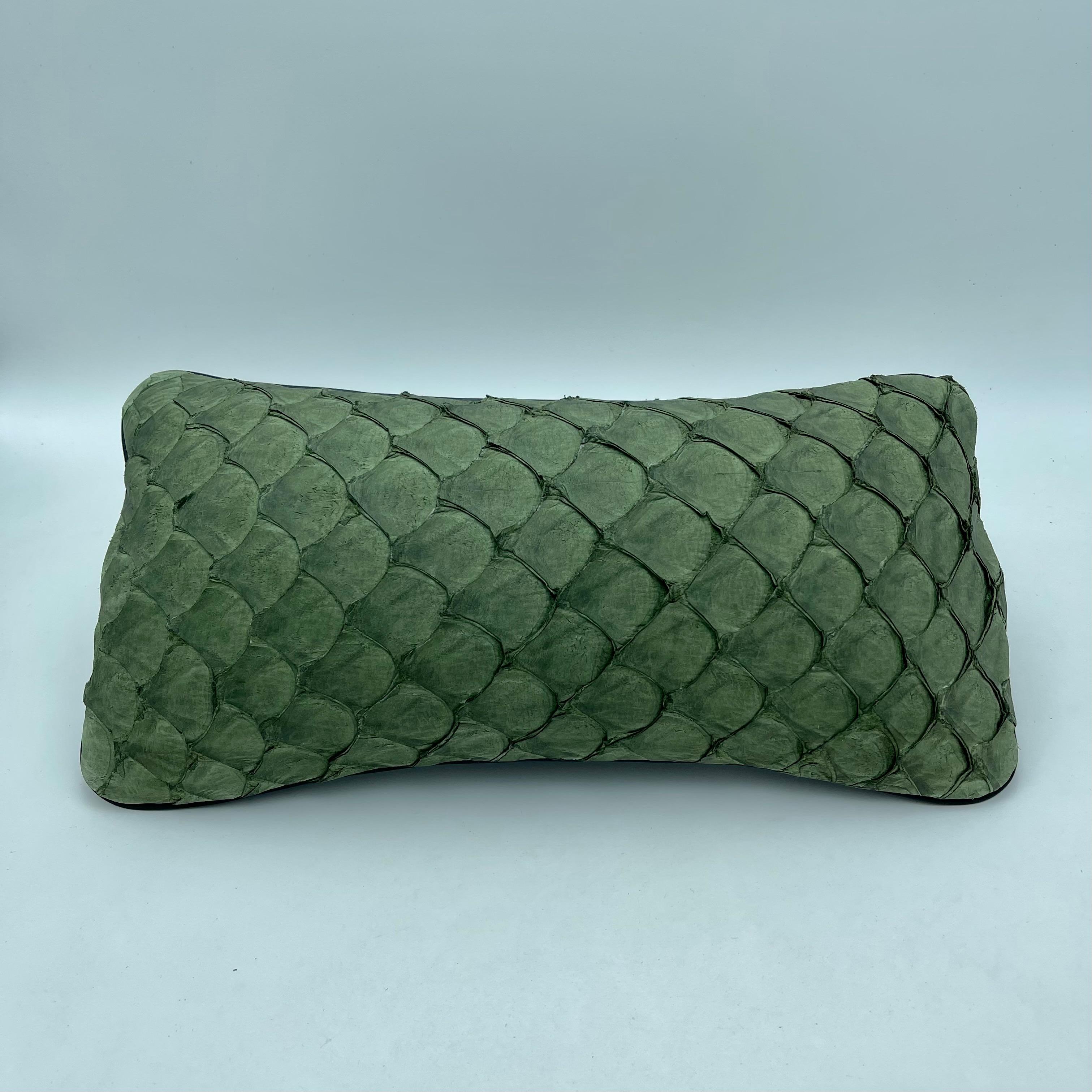 Spanish Set of 2 Leather Cushion, Exclusive Fish Leather, Green Color, Small Size For Sale