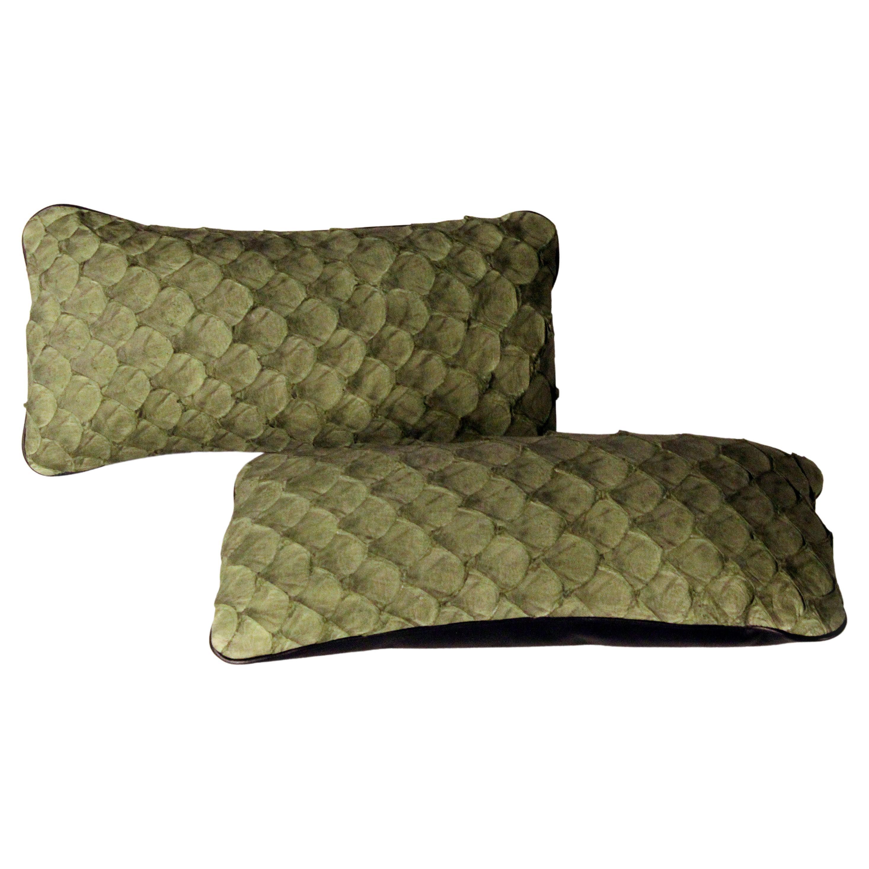 Set of 2 Leather Cushion, Exclusive Fish Leather, Green Color, Small Size