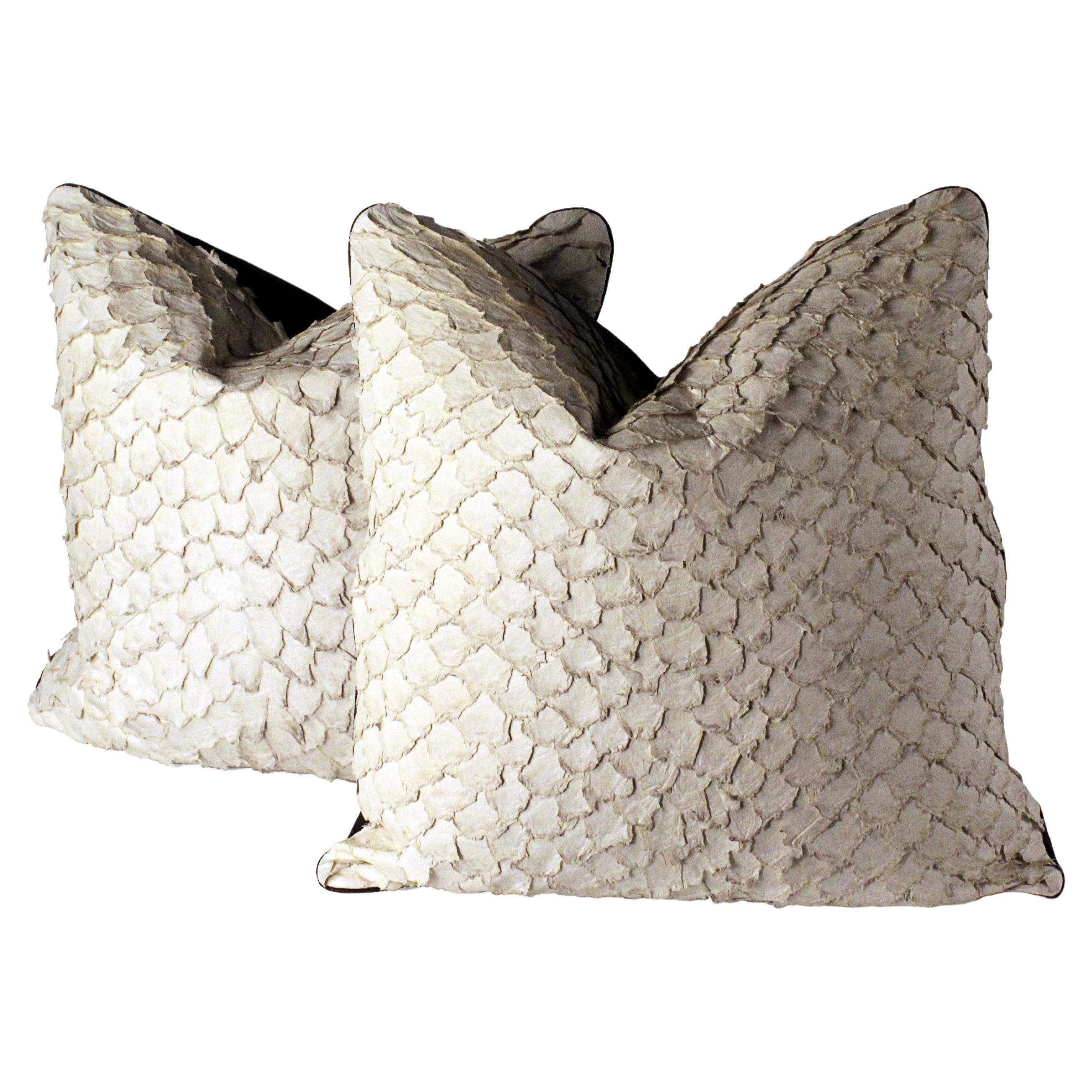 Set of 2 Leather Cushion, Exclusive  Fish Leather Off-White For Sale