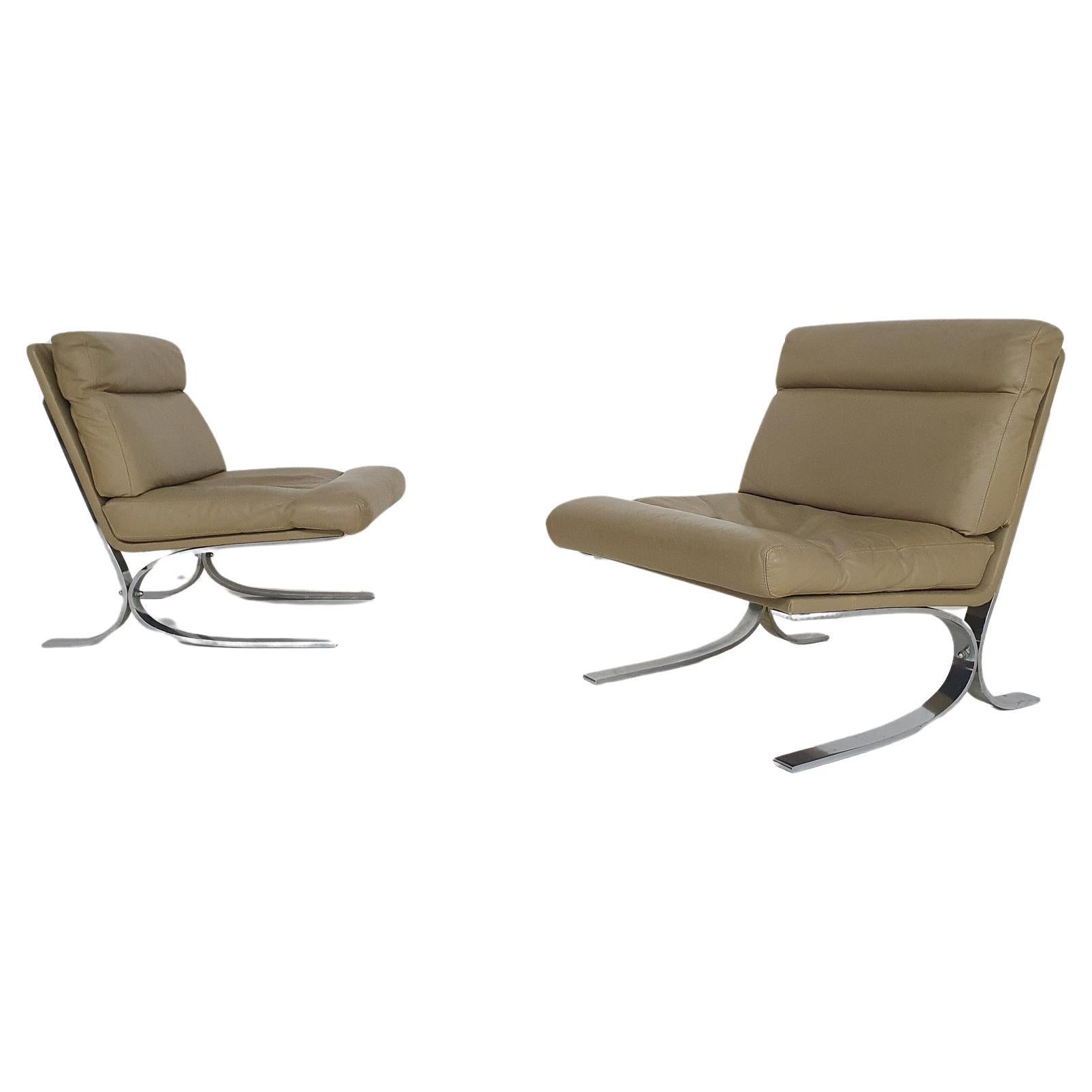 Set of 2 leather Lounge Chairs Attributed to Paul Tuttle for Strässle, 1970s For Sale