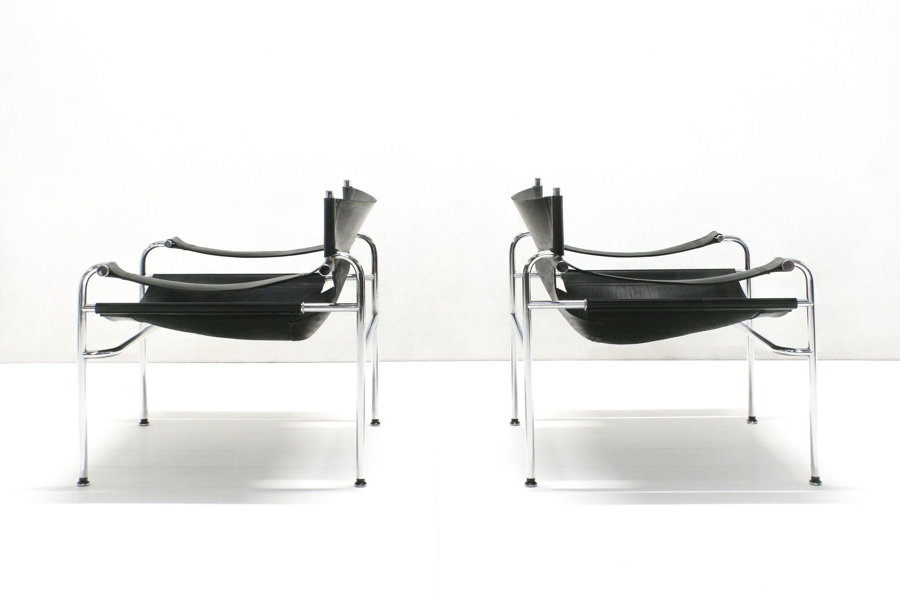 Bauhaus Set of 2 Leather Vane-2 Sling Armchairs by Walter Antonis for T Spectrum, 1970s