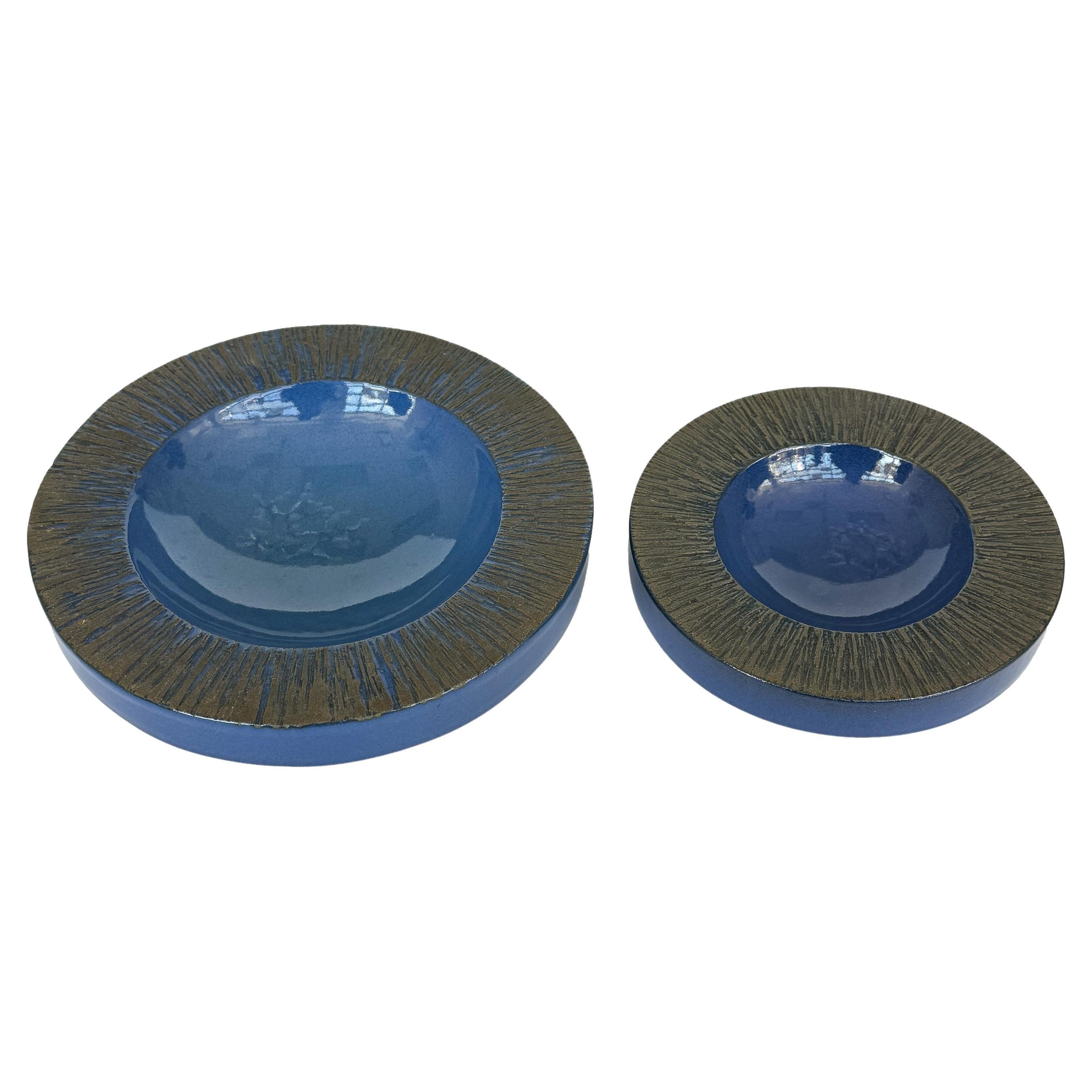 Set of 2 Lee Rosen Cerulean Blue Ceramic Low Bowl for Design Technics For Sale