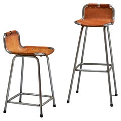 Set of 2 'Les Arcs' Stools Selected by Charlotte Perriand in Patinated Leather