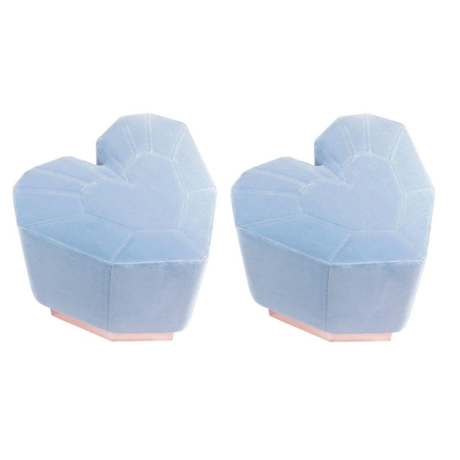 Set of 2 light blue queen heart stools by Royal Stranger
Dimensions: 46 x 49 x 43 cm 
Different upholstery colors and finishes are available. Brass, copper or stainless steel in polished or brushed finish.
Materials: Velvet heart shape upholstery