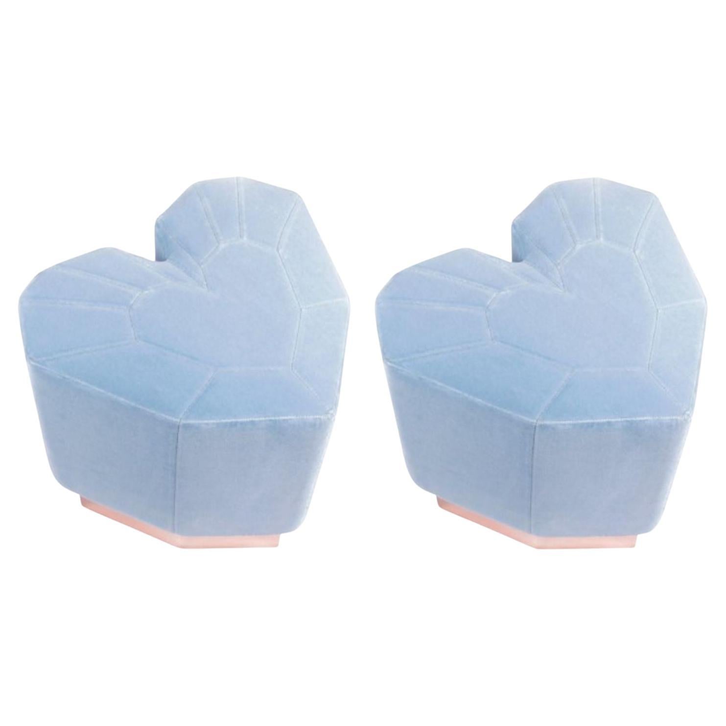 Set of 2 Light Blue Queen Heart Stools by Royal Stranger For Sale