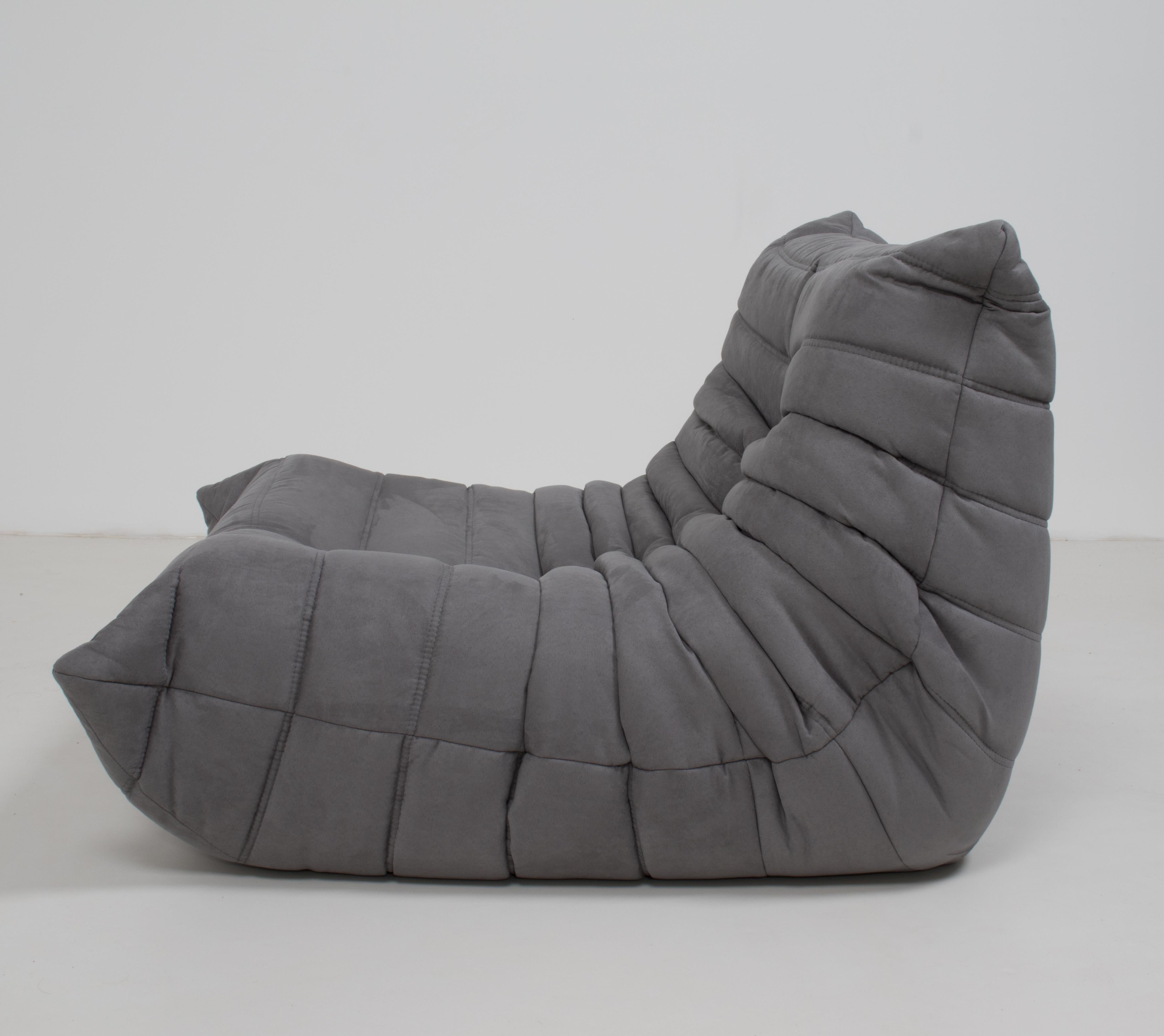 French Set of 2 Ligne Roset Togo Grey Armchairs and Footstool by Michel Ducaroy