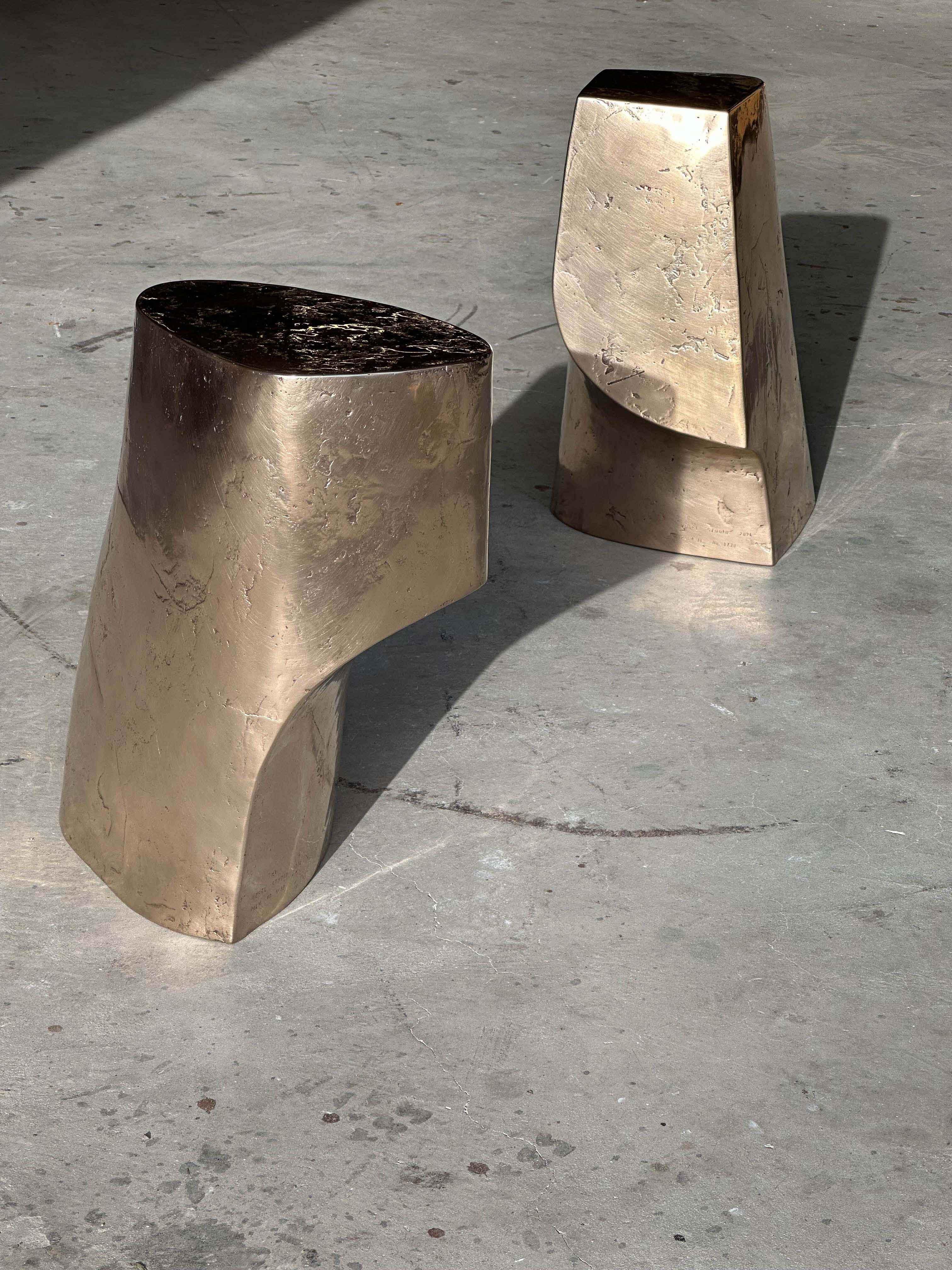 Set Of 2 Limited Edition Lost Wax Casted Bronze Palm Side Tables by Vogel Studio
Limited Edition Of 10 + 1 Pieces.
Dimensions: Table I: D 23 x W 39 x H 41 cm.
Table II: D 24 x W 30 x H 43 cm.
Materials: Cast bronze.

The Palm series is limited to
