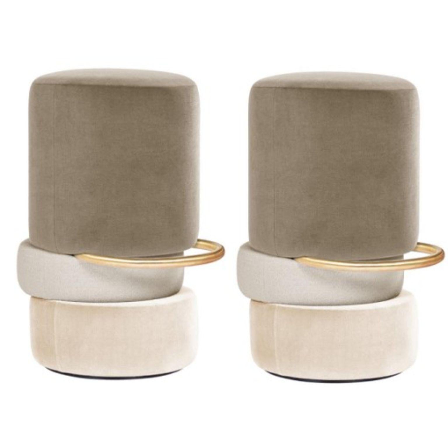 Set of 2 lipstick bar stools by Royal Stranger
Dimensions: 83 x 62 x 46 cm
Materials: A matte body and a matte pattern over a glossy surface, elevated by a brass presence.

With a playful and geometrical form, the lipstick bar stool will make