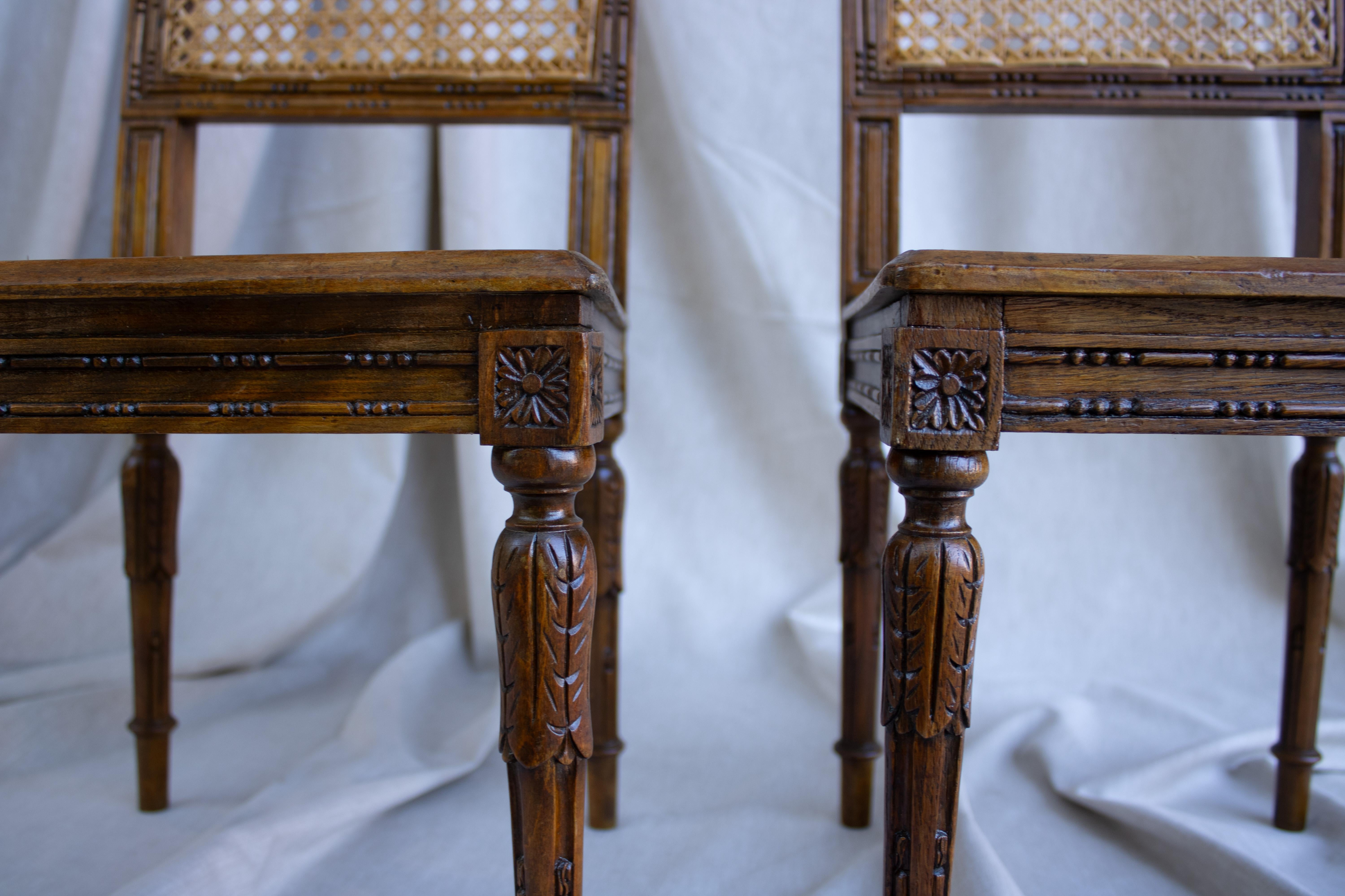 Small set of living room and bedoom chairs in Louis XVI style in Wicker Artistry Work.

Beautiful carved in dark wood work it strikely contrasts to the lighter material that was for the choice of this set.
 
Mostly found in Spain due to the warmer