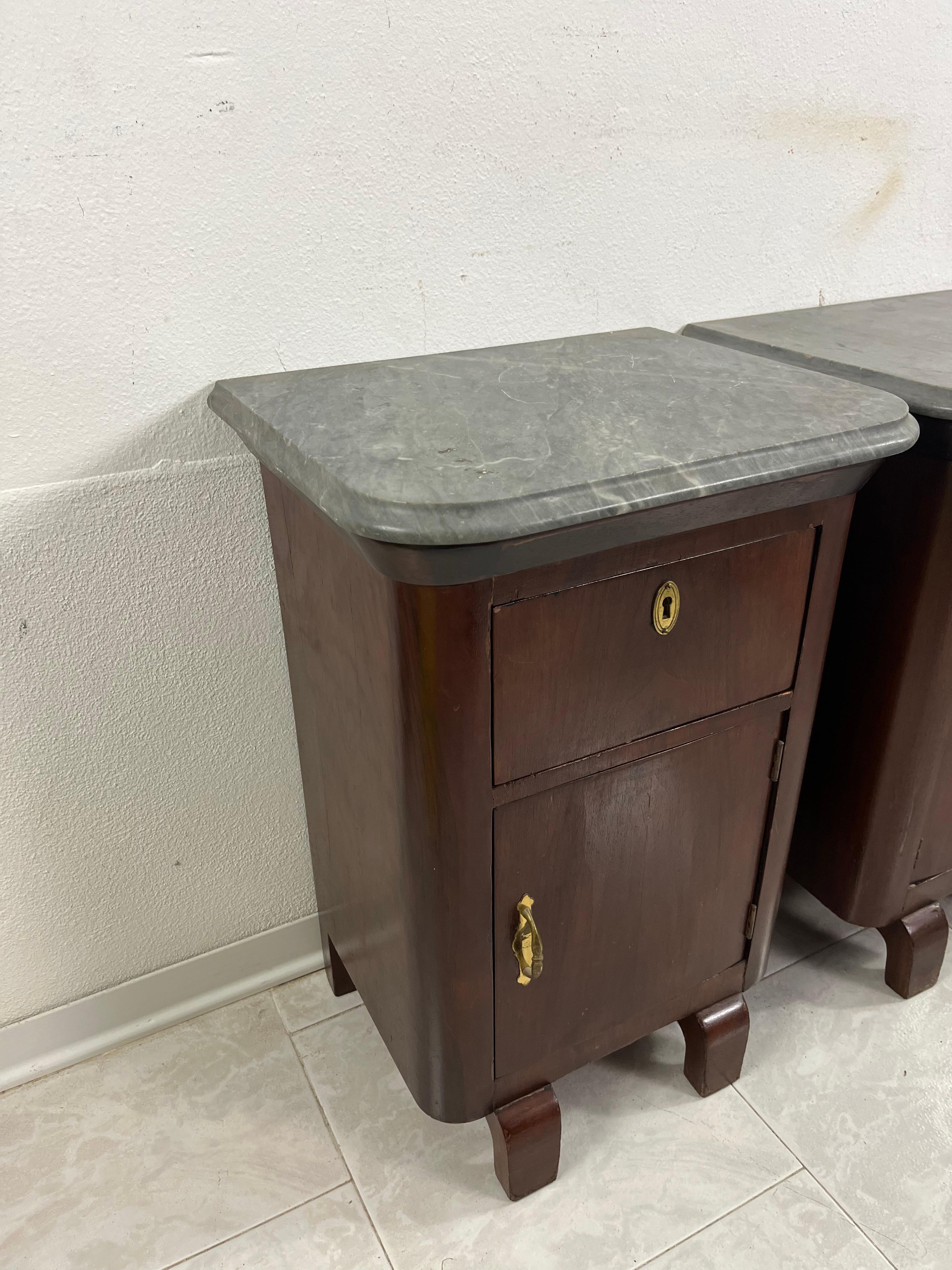 Wood Set of 2 Little Mid-Century Italian Gray Marble Top Nightstands, 1940s For Sale