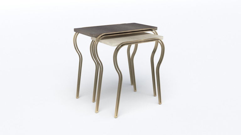 Hand-Crafted Set of 2 Lola Nesting Tables in Cream Shagreen and Brass by R&Y Augousti For Sale