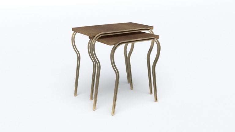 Contemporary Set of 2 Lola Nesting Tables in Cream Shagreen and Brass by R&Y Augousti For Sale