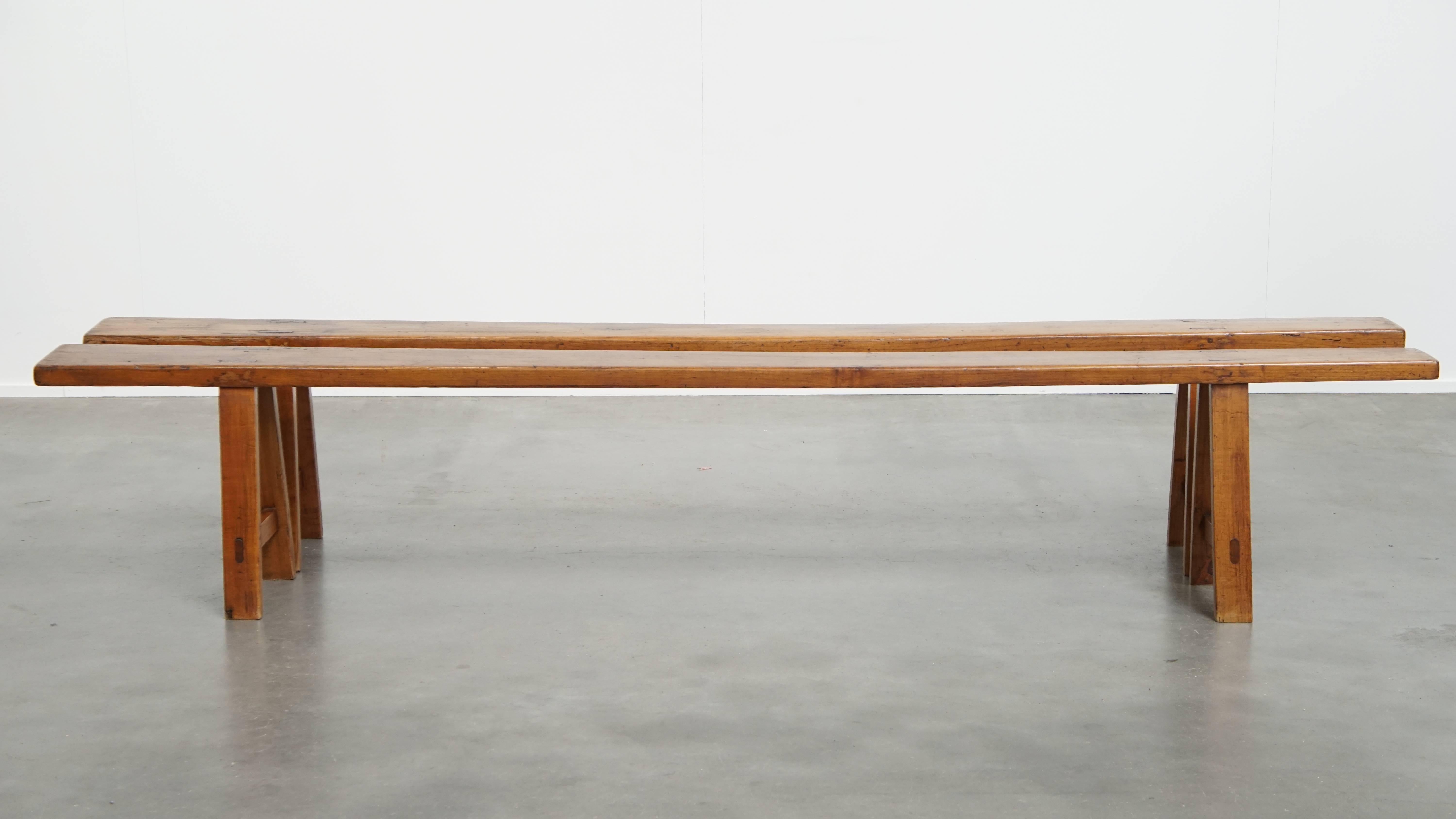 Hand-Crafted Set of 2 Long Antique French Hall Benches / Dining Benches For Sale