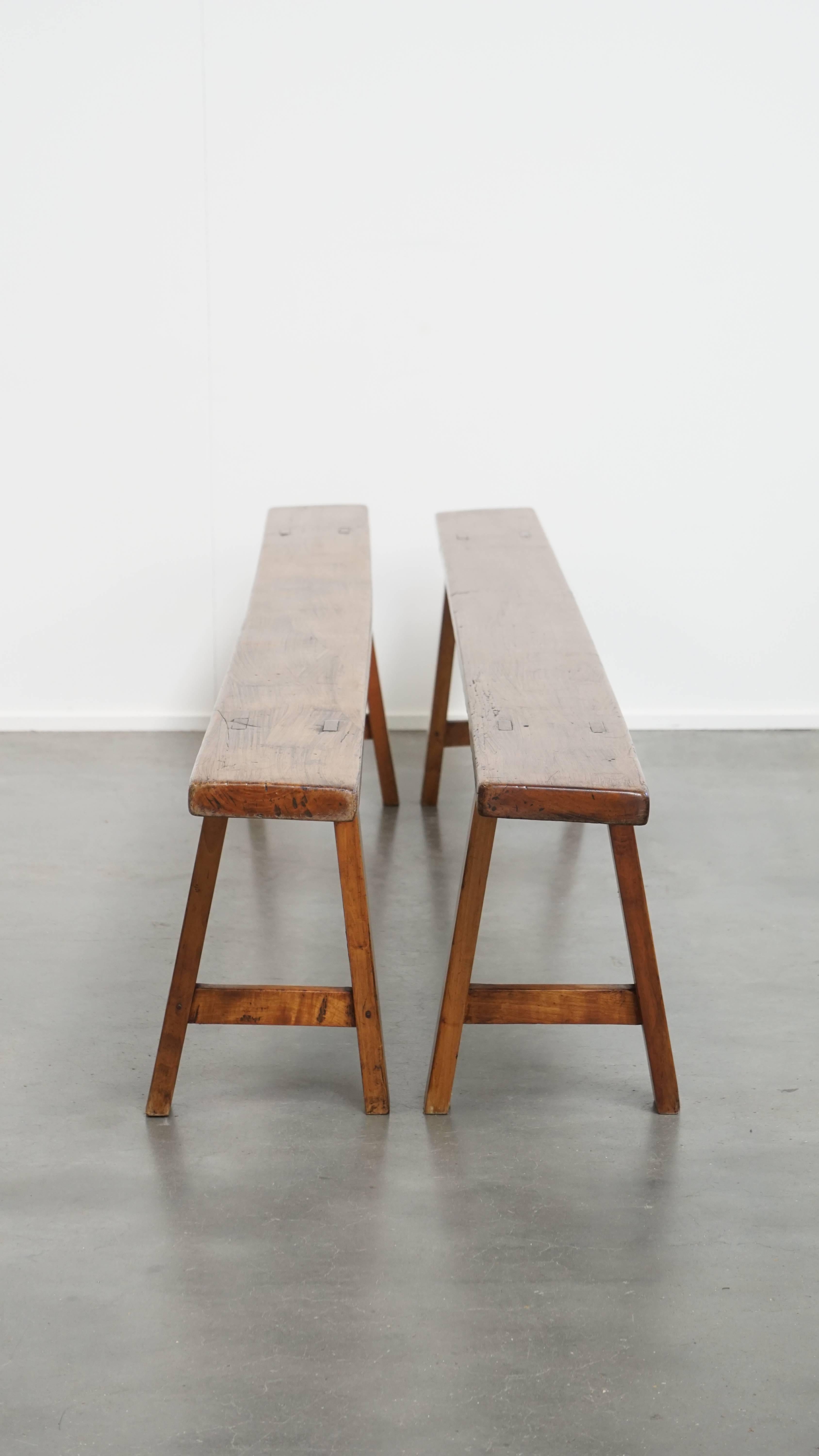 Set of 2 Long Antique French Hall Benches / Dining Benches In Good Condition For Sale In Harderwijk, NL