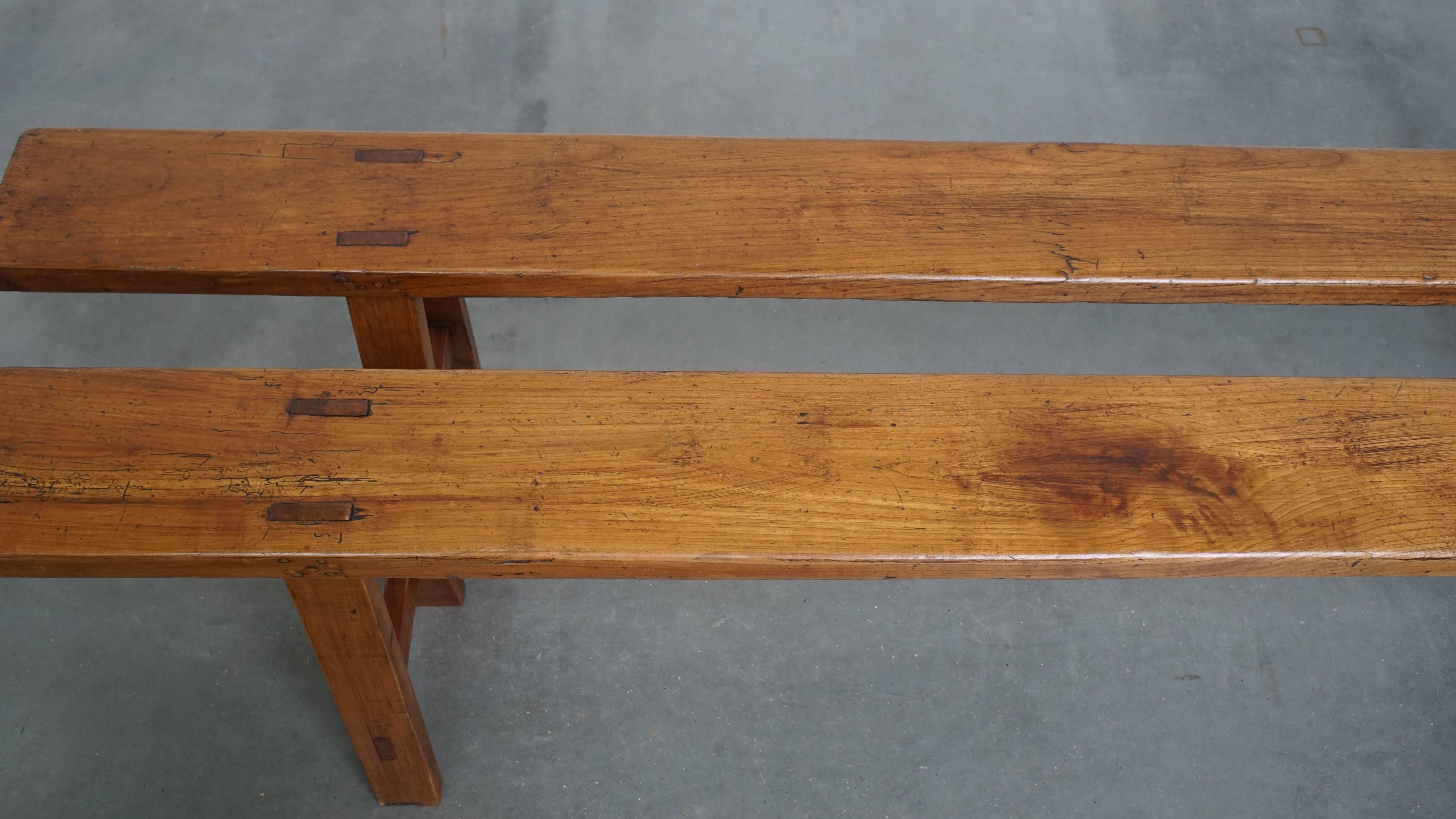 19th Century Set of 2 Long Antique French Hall Benches / Dining Benches For Sale