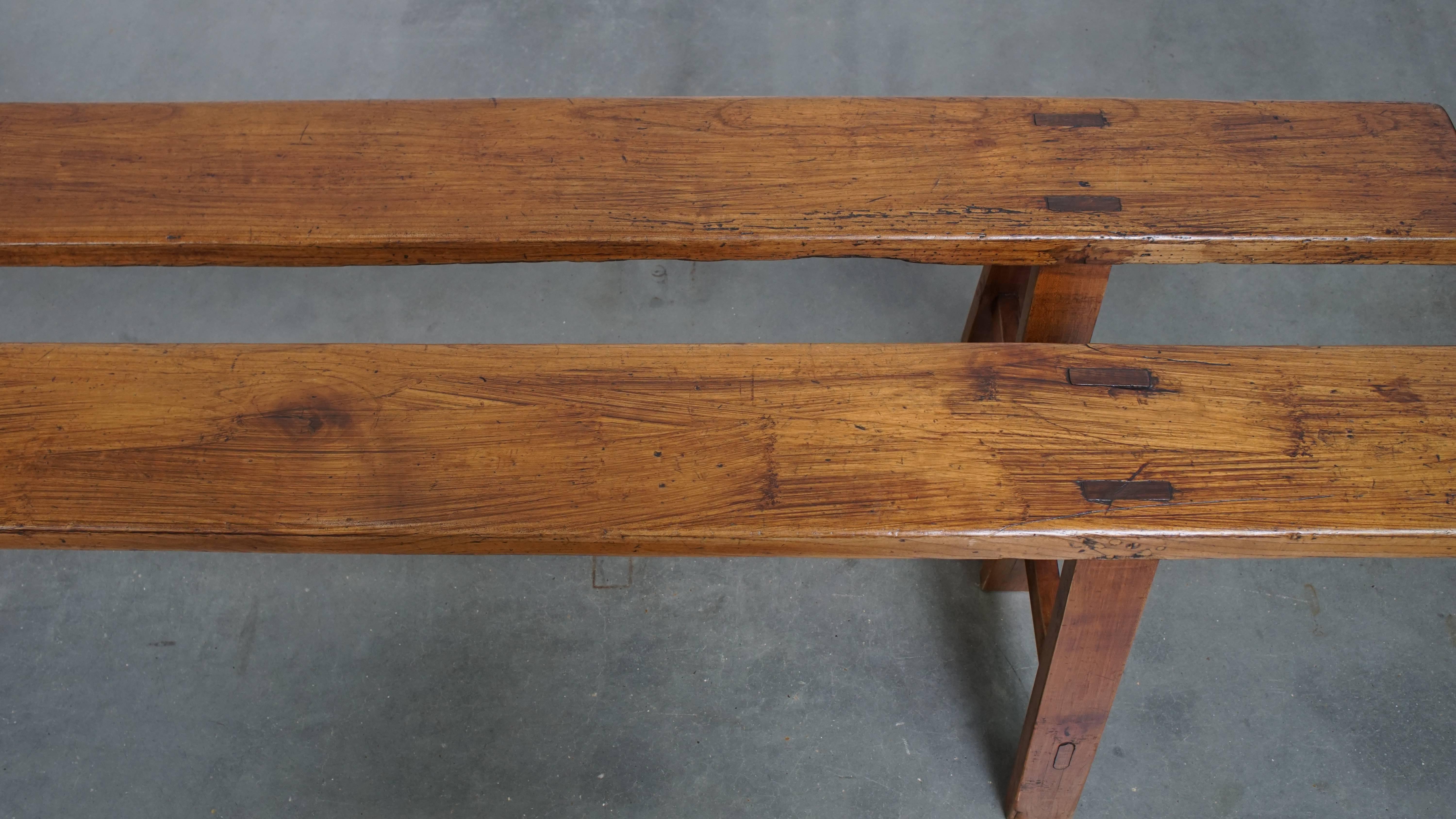 Wood Set of 2 Long Antique French Hall Benches / Dining Benches For Sale
