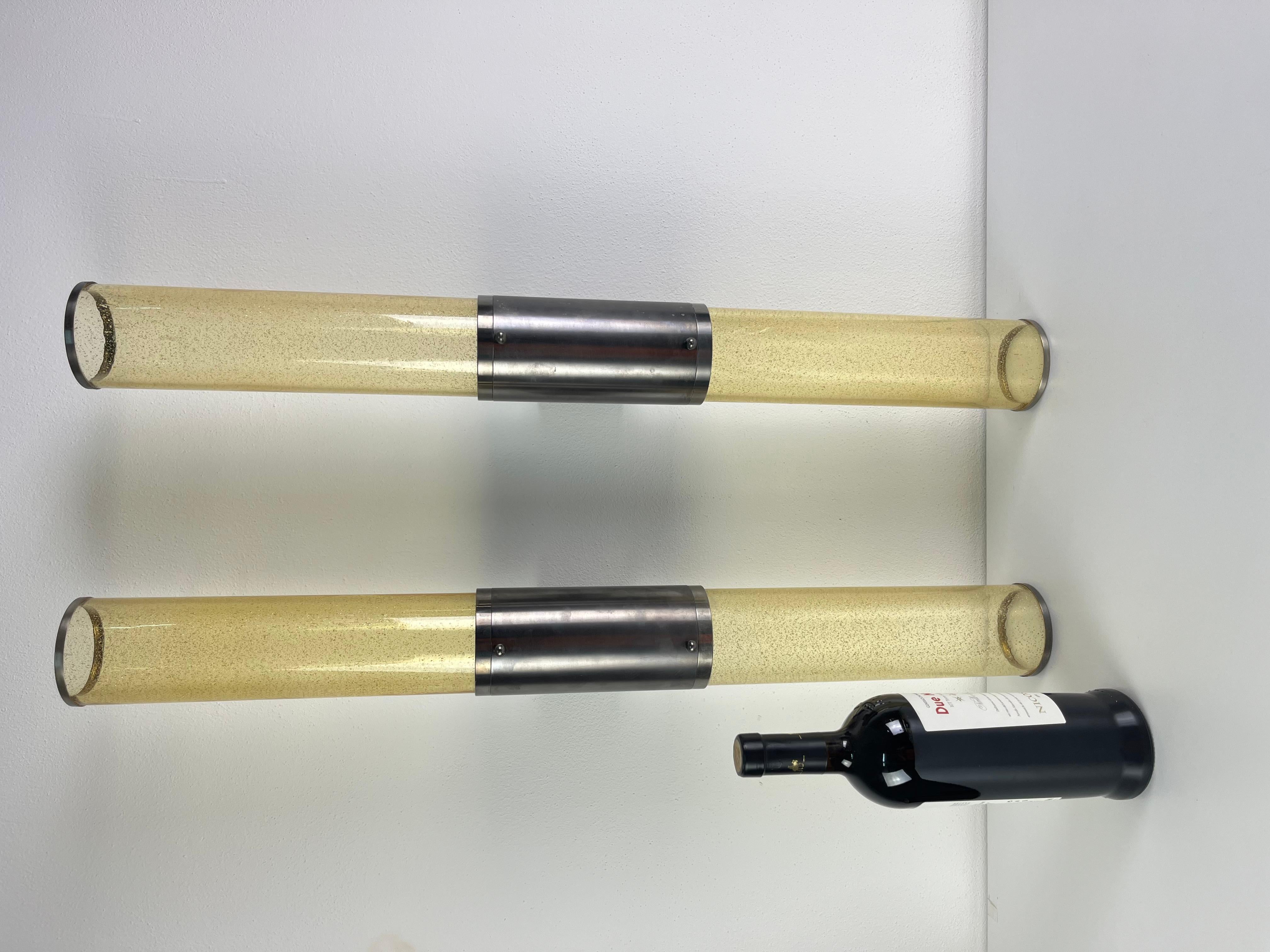 Satz von 2 langen, doppelflammigen Wandleuchten aus Murano-Glas und Stahl, 1980er Jahre im Zustand „Gut“ im Angebot in Palermo, IT