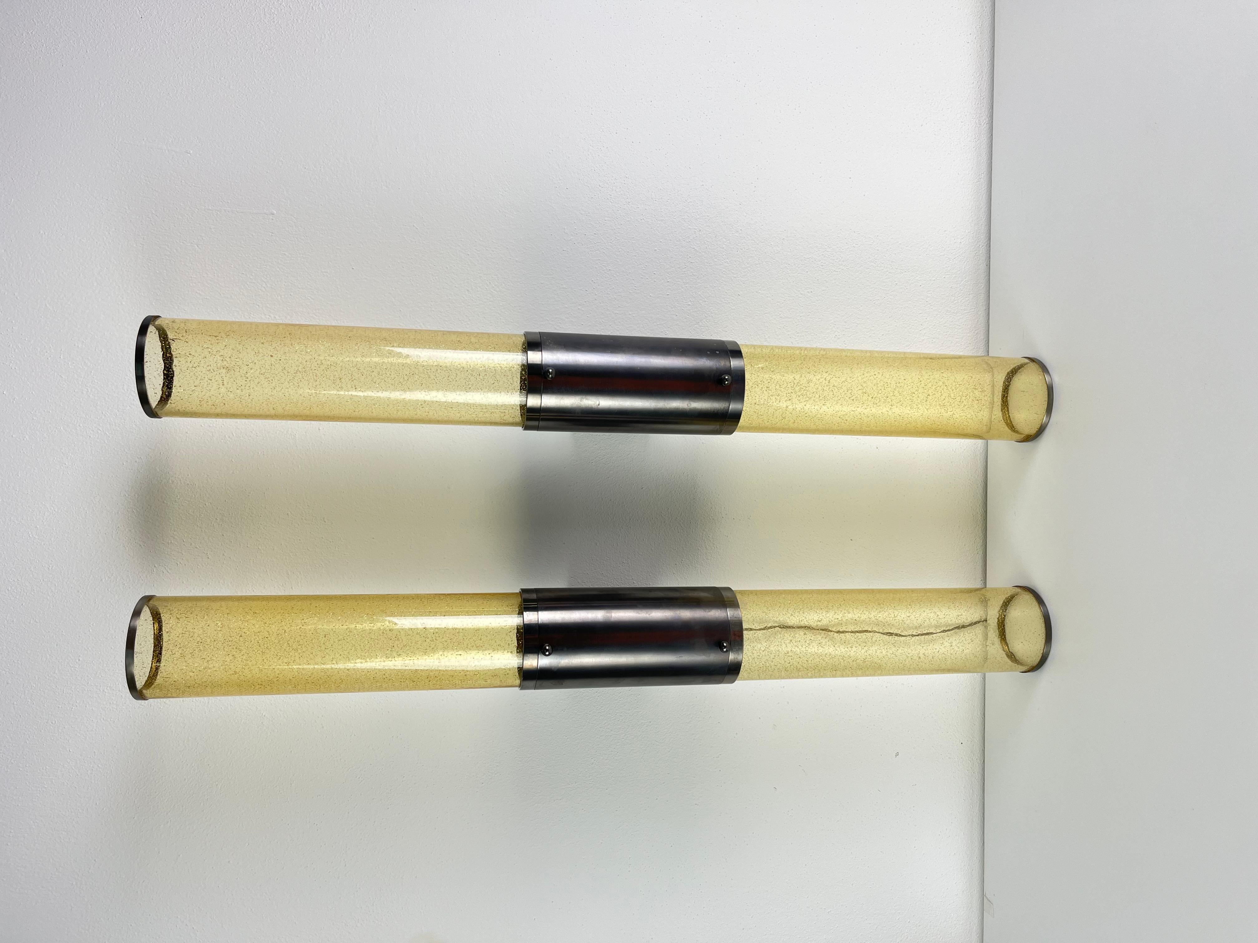 Satz von 2 langen, doppelflammigen Wandleuchten aus Murano-Glas und Stahl, 1980er Jahre im Angebot 3