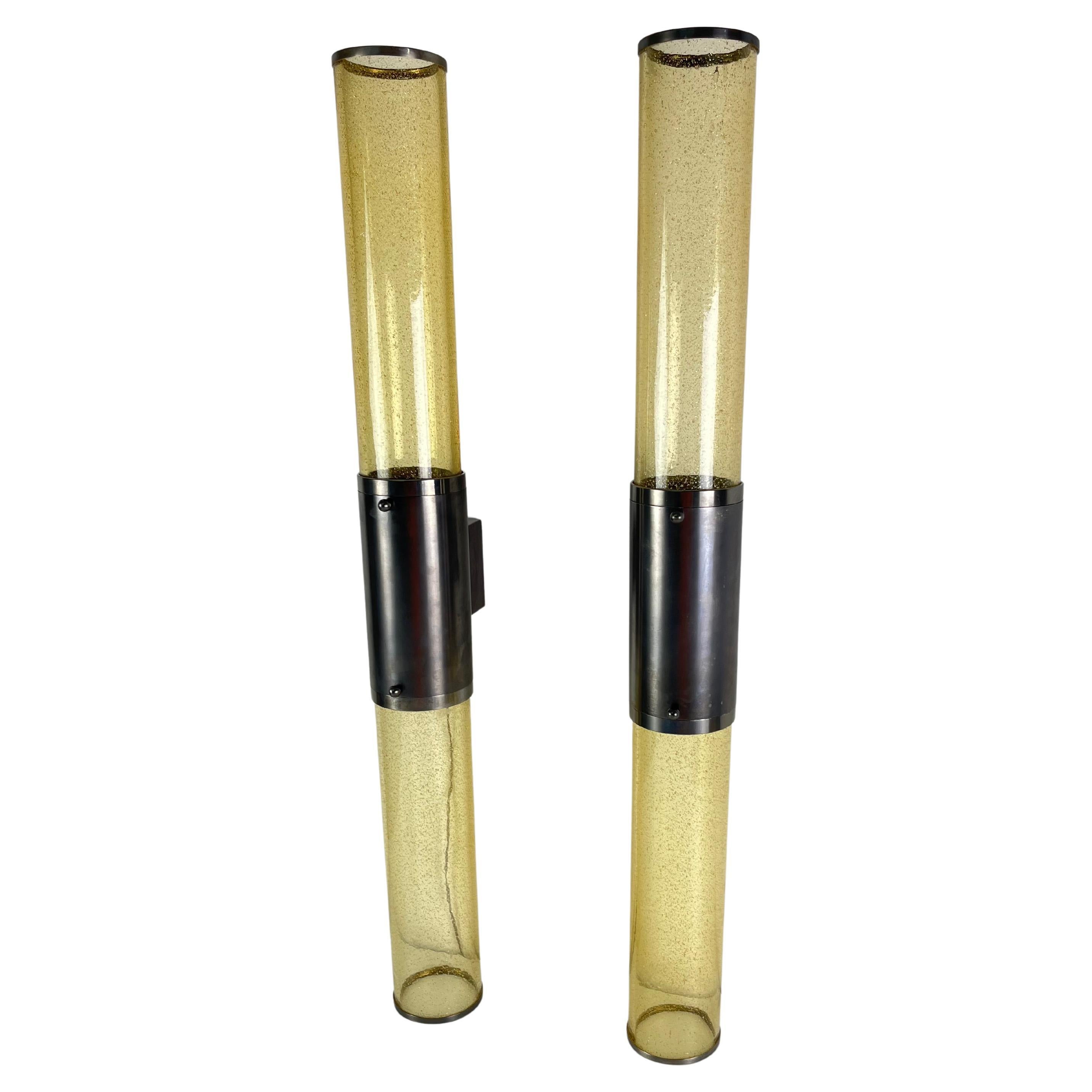 Satz von 2 langen, doppelflammigen Wandleuchten aus Murano-Glas und Stahl, 1980er Jahre