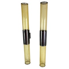 Set of 2 Long Double-Light Wall Lamps in Murano Glass and Steel, 1980s