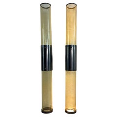 Set of 2 Long Double Lighting Wall Lamps in Murano Glass and Steel, 1980s