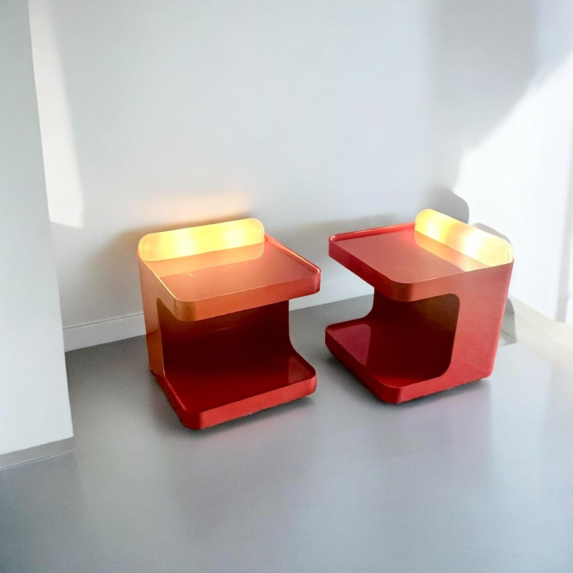 Italian Set of 2 Longato 'Game' Bar Carts / Side Tables in Red with integrated Lights