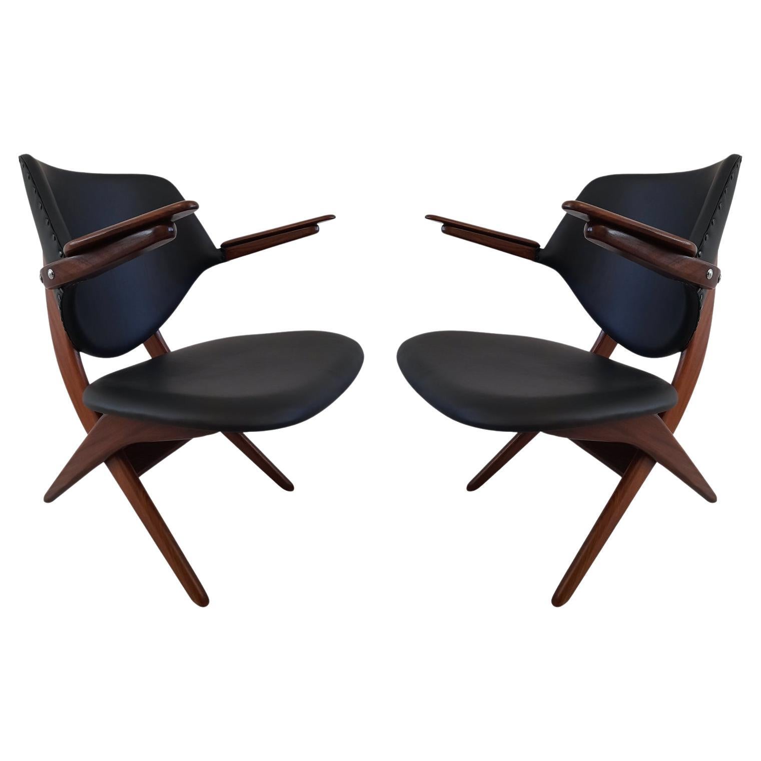 Set of 2 Louis Van Teeffelen Pelican Armchairs for Webe in Black Leather, 1960s