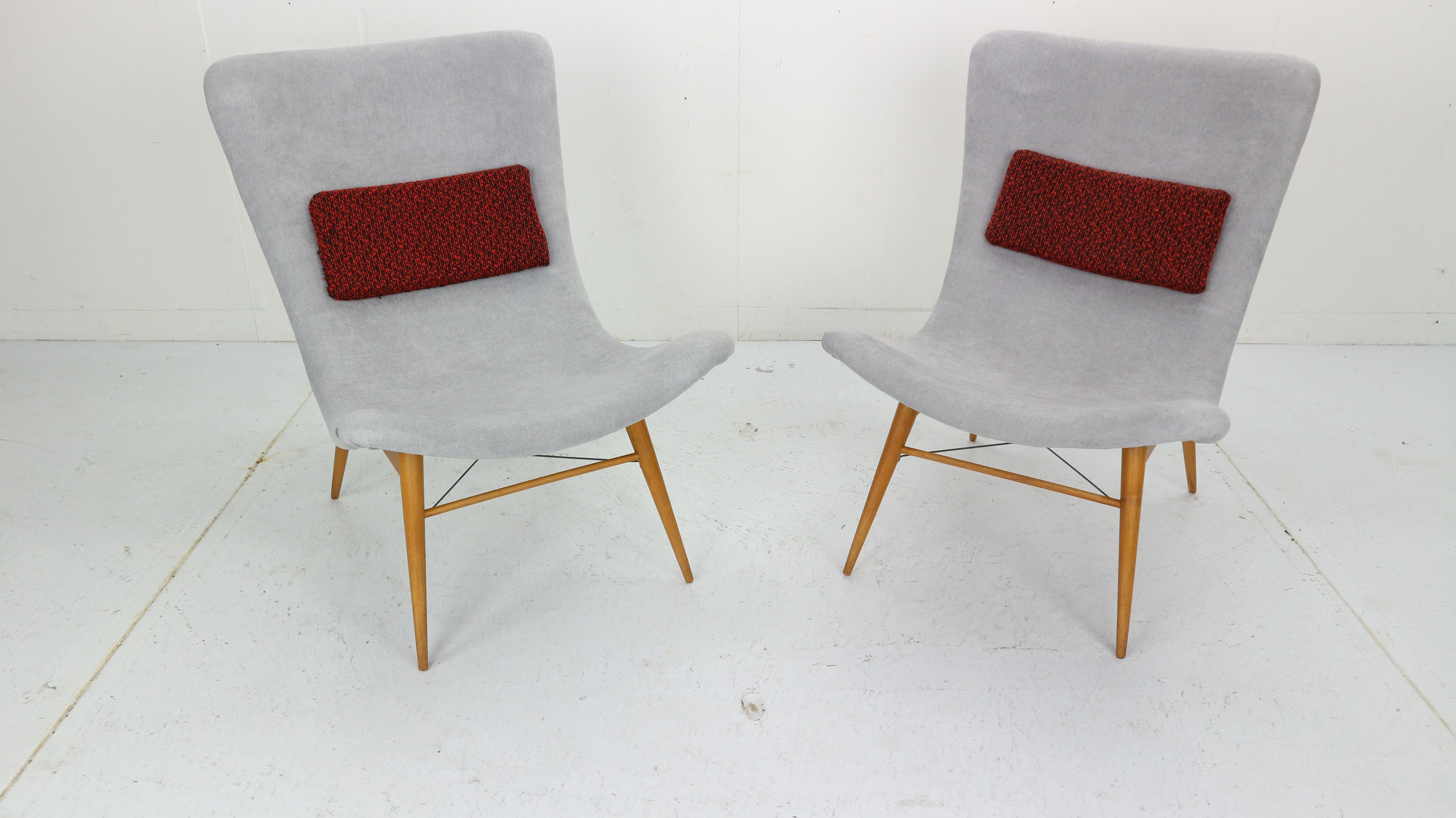 Czech Set of 2 Lounge Chairs by Miroslav Navratil, Newly Reupholstered, 1959s