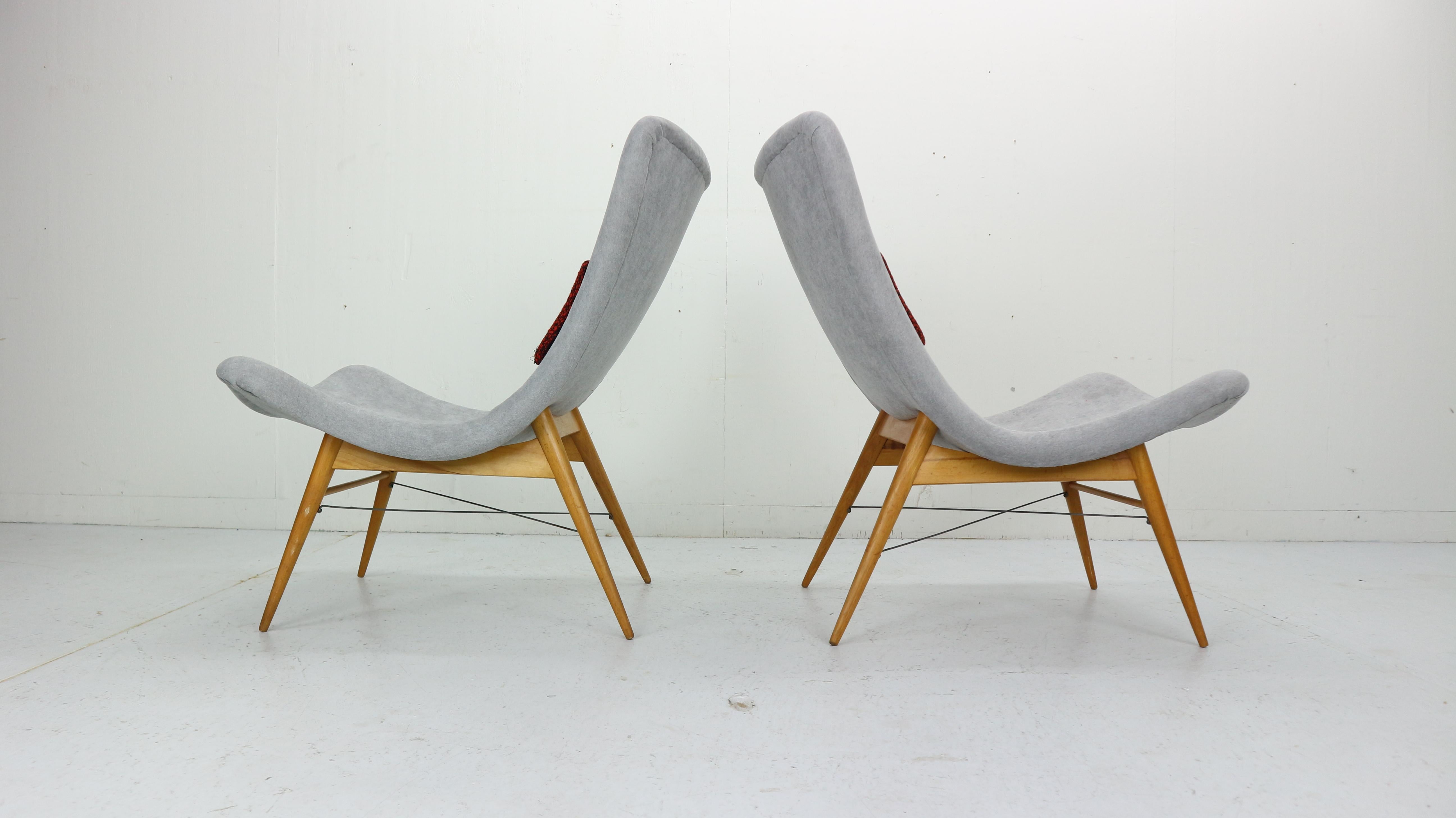 Mid-20th Century Set of 2 Lounge Chairs by Miroslav Navratil, Newly Reupholstered, 1959s